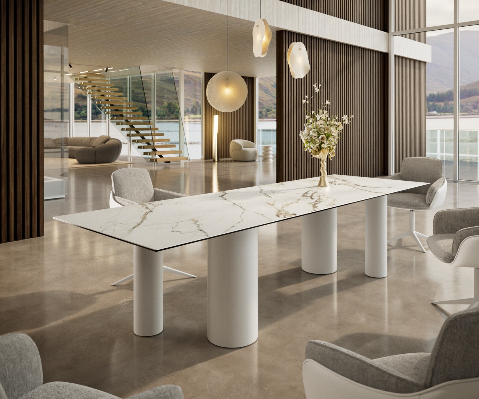 Трапезна маса Edge 300x100, керамика Calacatta Luxe, бяло-златно-сиво, метална основа Pilier, бяла 1