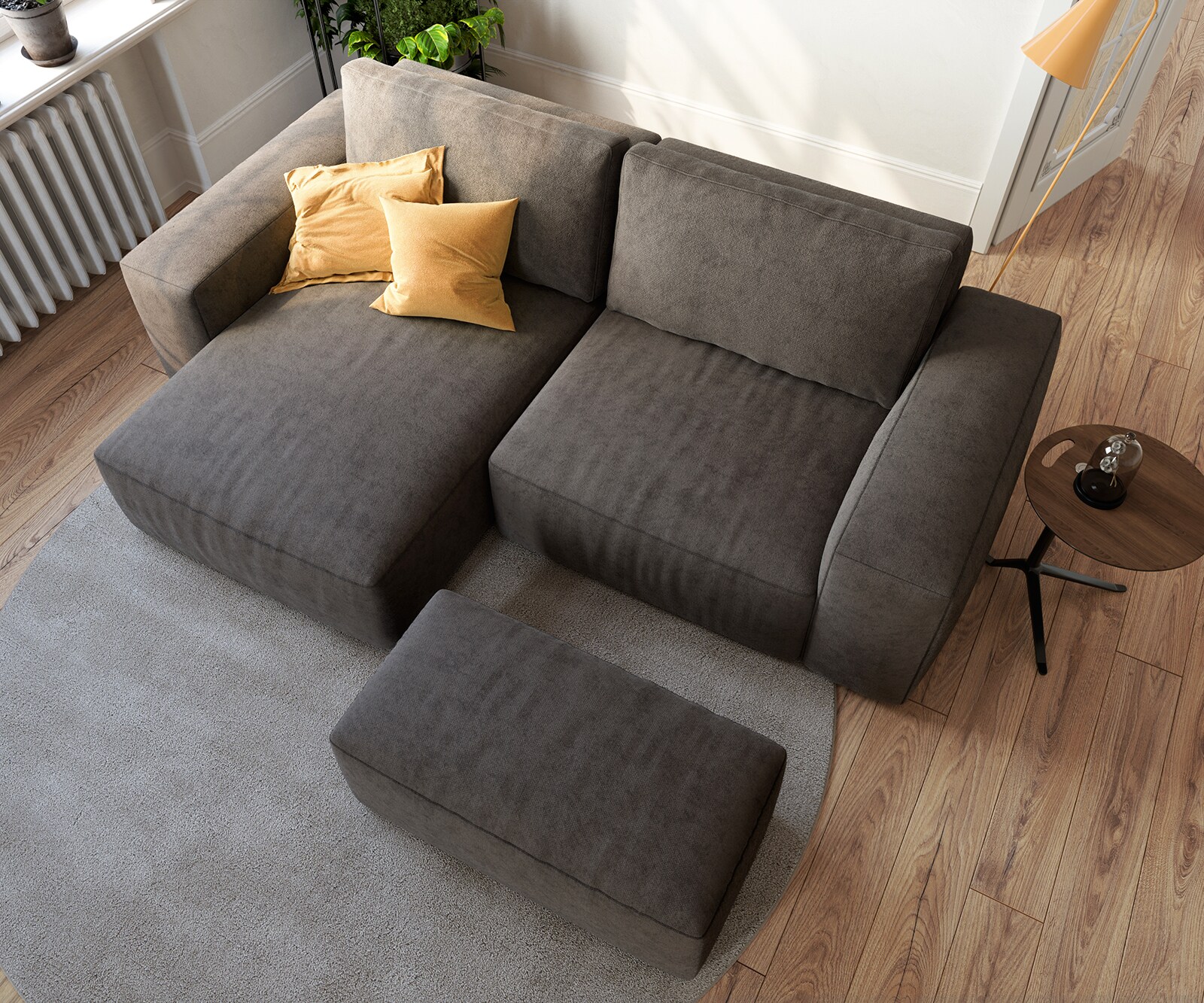 Ъглов диван Lanzo L 230x155 см Микрофибър Каки-Кафяв, Лява/Дясна Лежанка, с табуретка 5