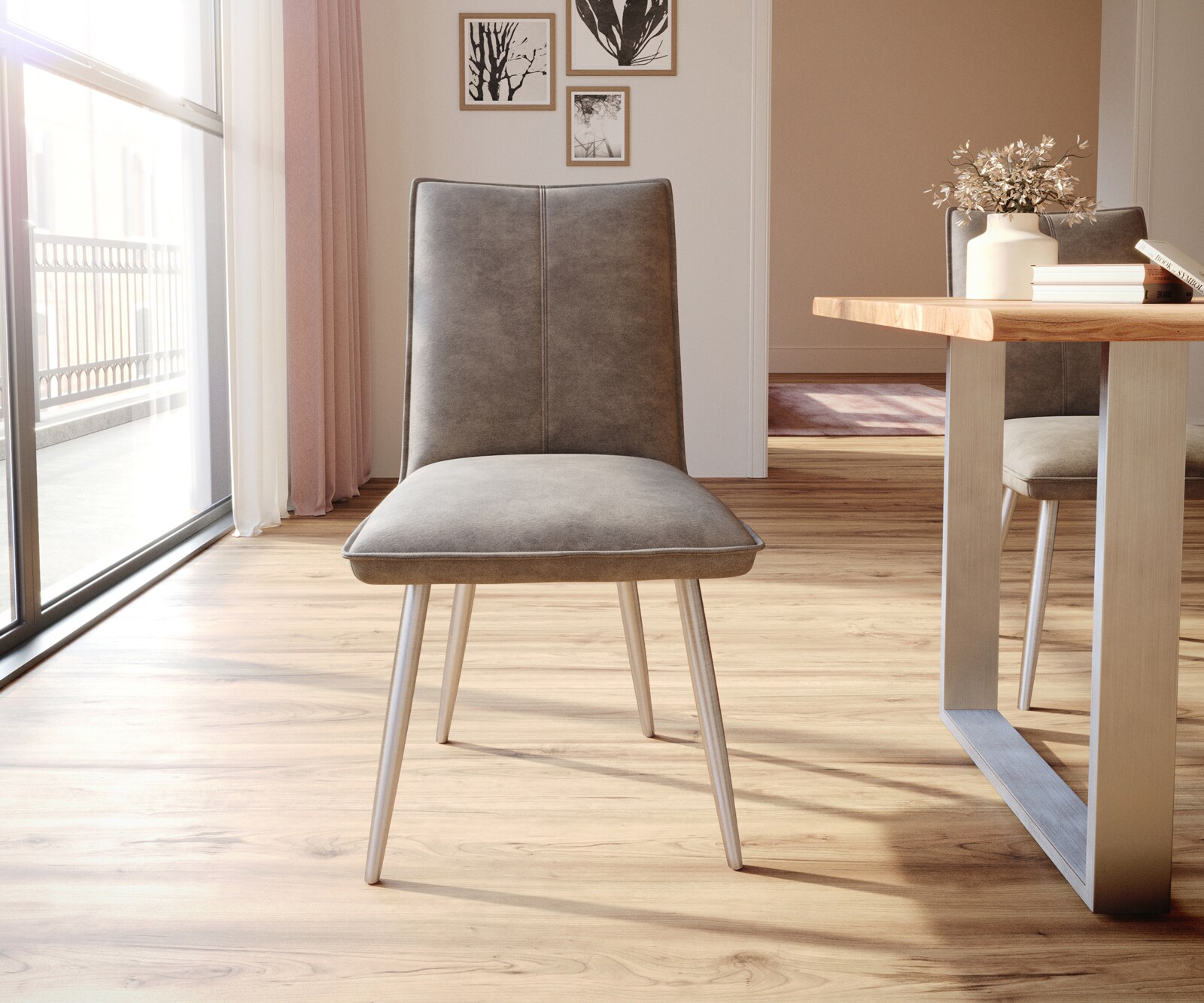 Трапезен стол Таупе Винтидж 4 крака конични Неръждаема стомана  Покет пружина Lelio-Flex 2