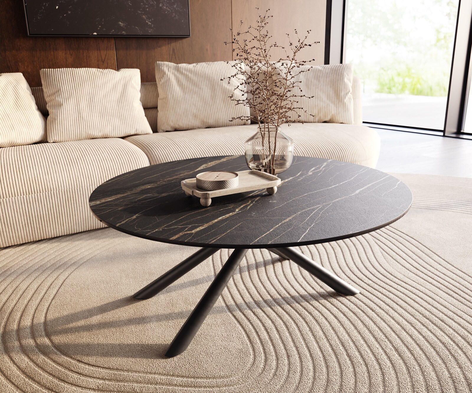 Масичка за кафе Edge Round 100x100 cm Ceramic Laminam® Noir Desir Brown Sarity Metal Black 1