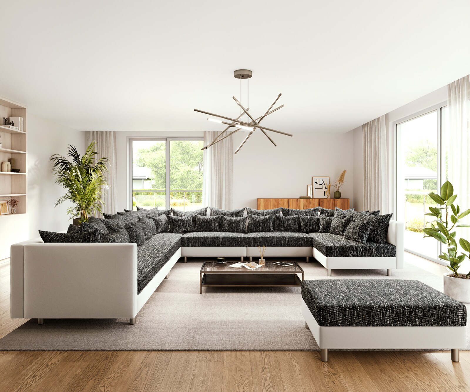 Холна гарнитура XXL Бял Черен с Табуретка Лежанка Лява Clovis 2 Холна гарнитура XXL Бял Черен с Табуретка Лежанка Лява Clovis 2