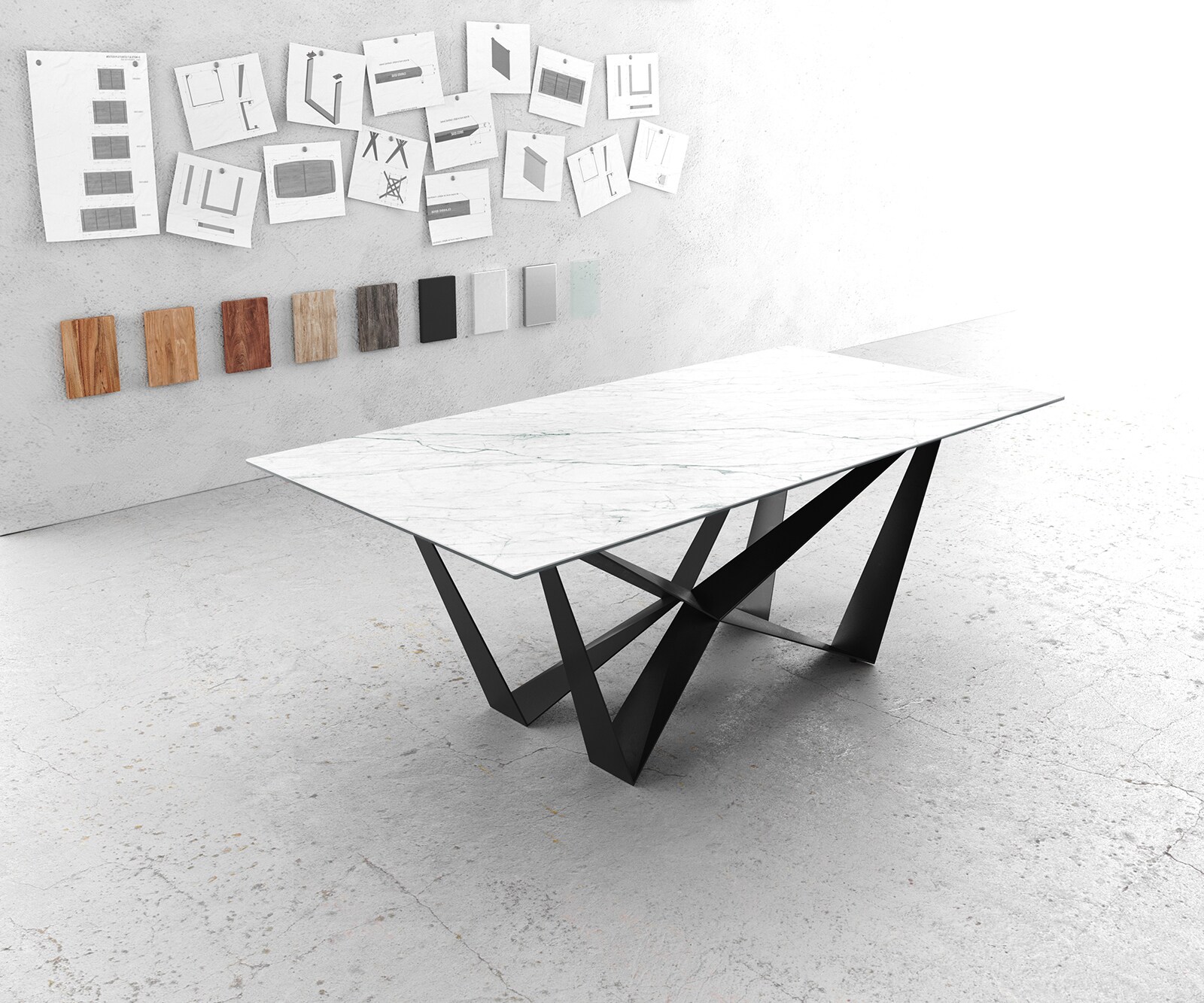 Маса 200x100cm Keramik Laminam®Statuarietto Бял среден крак плоска стомана Черен Edge
