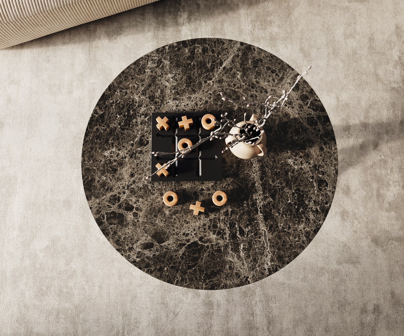 Масичка за кафе Edge Round 90x90 cm Керамичен ламинат® Emperador Extra Lucidato Тъмнокафяво Sarity Матирана неръждаема стомана 2