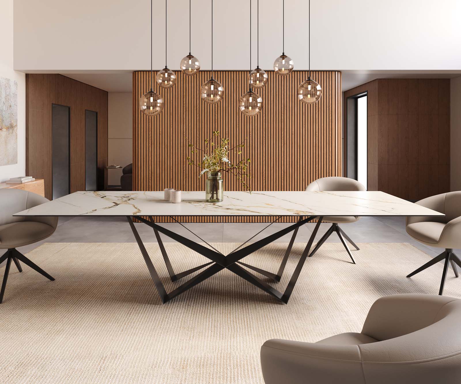 Трапезна маса Edge 300x100, керамика Calacatta Luxe, бяло-златно-сиво, Spider, плоска стомана, черно 1