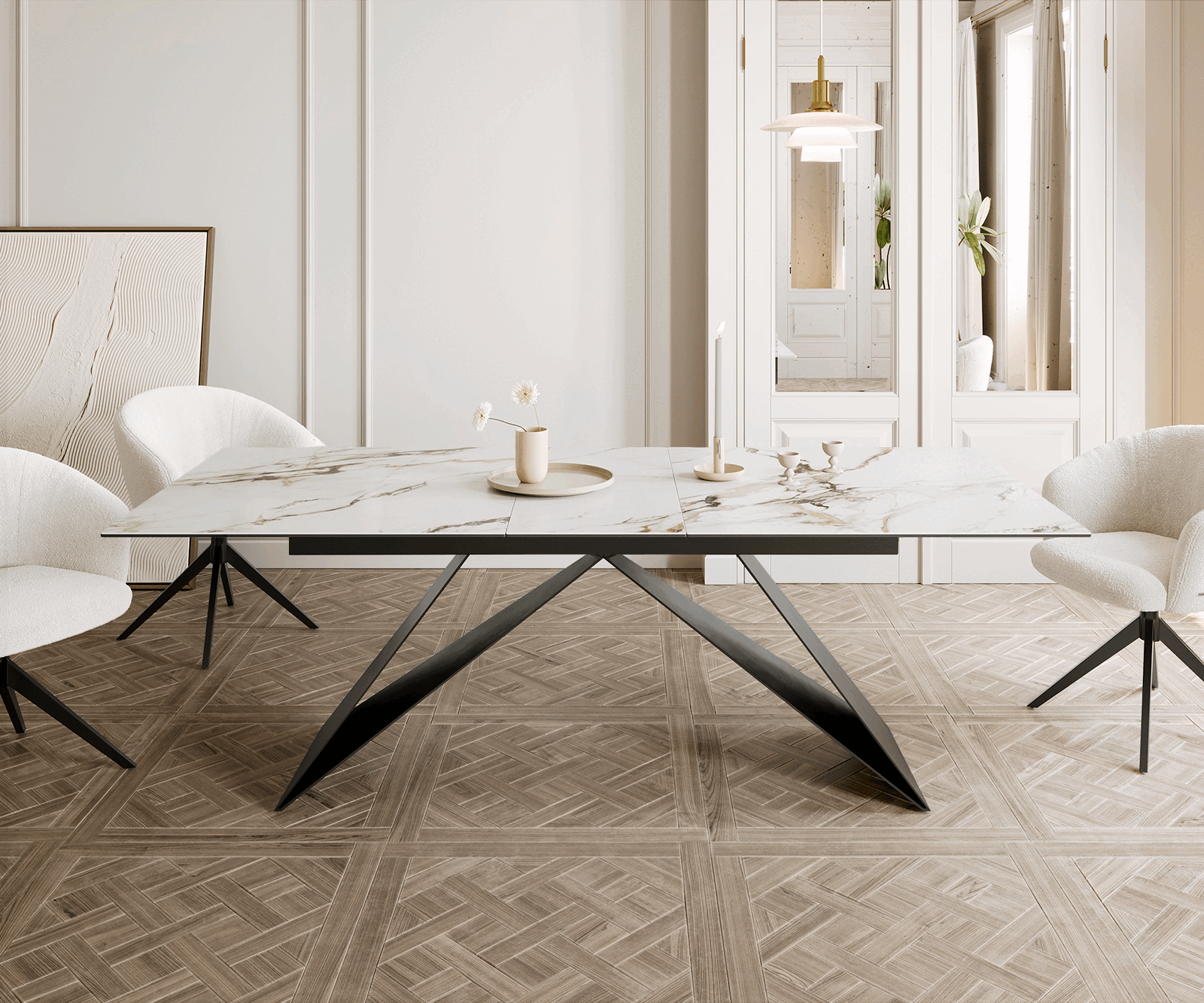 Разтегателна трапезна маса Edge 180-220х100 см Керамика Calacatta Luxe Бял-Злато-Сив V-образна метална основа Черен 1