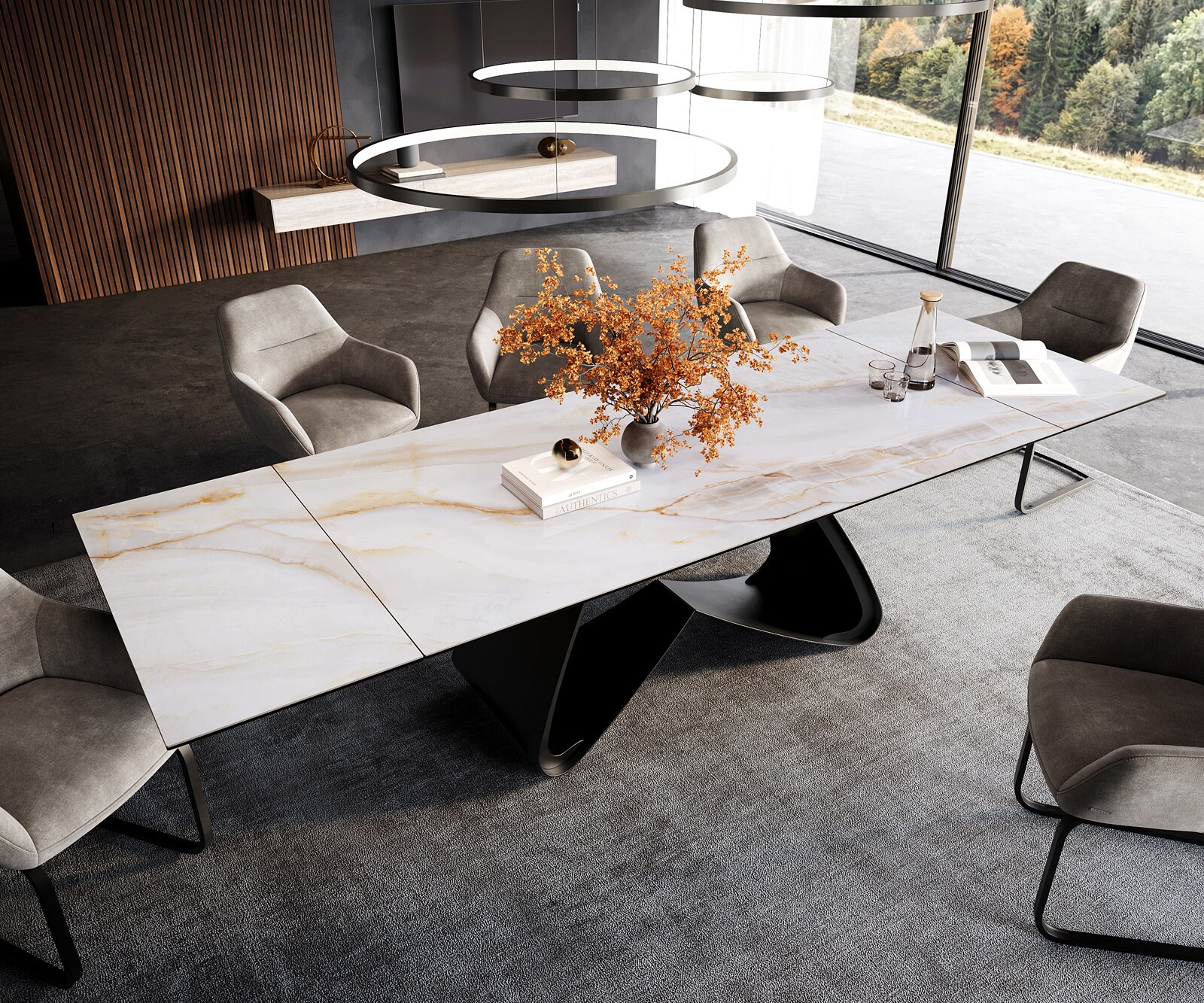 Трапезна маса Edge 200–300 × 100 см, керамика „Onyx Pearl“, метална рамка „W“ в черен цвят, разтегаема 3