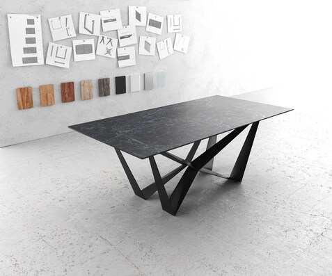 Трапезна маса Edge 200x100 см, керамика Laminam „®“, „Nero Greco“, антрацит, централна опора от плоска стомана, черна