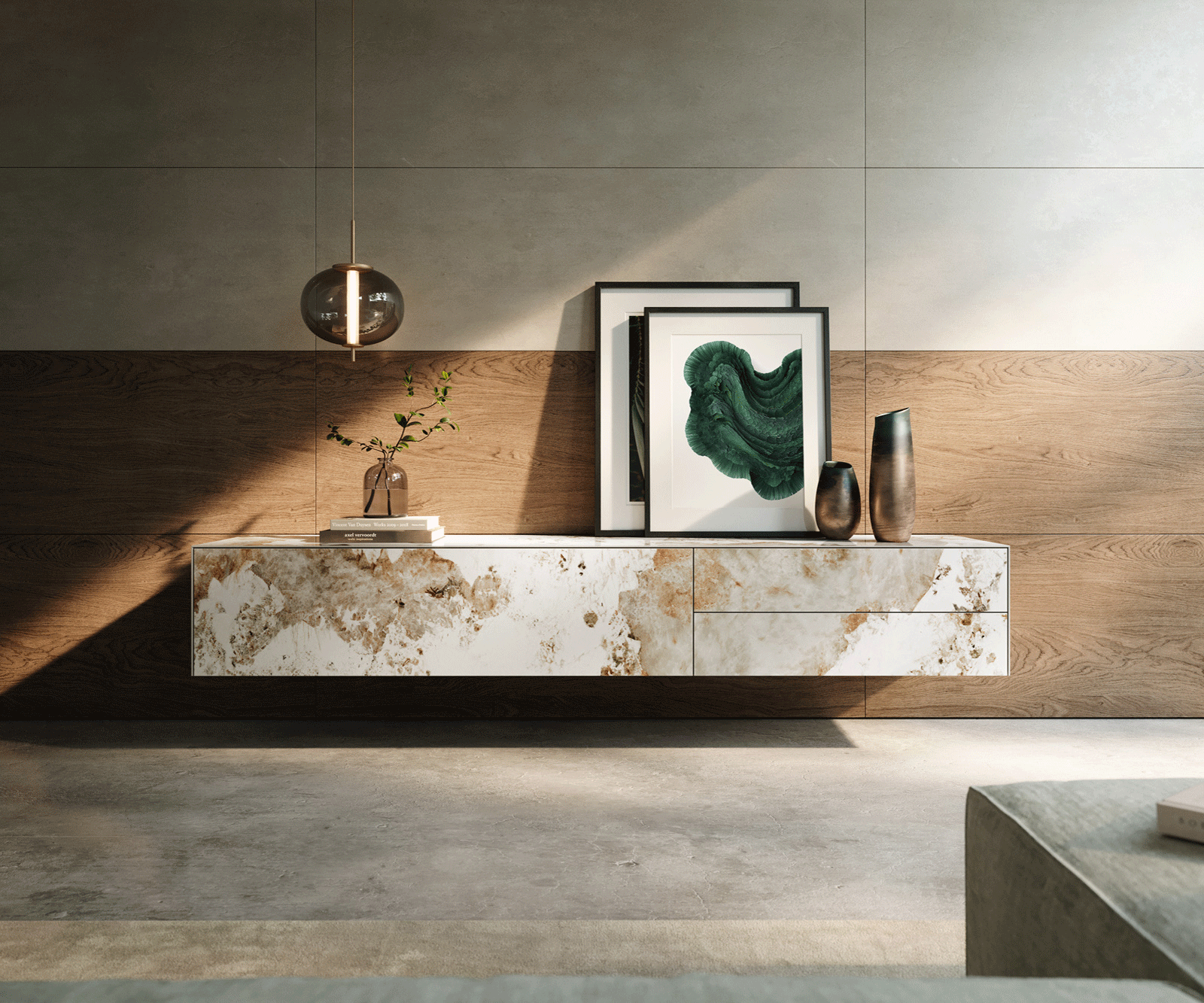 Нискък Шкаф Cuor 220 cm керамика Minas Melange бяло-бежово 1 клапа 2 чекмеджета 2