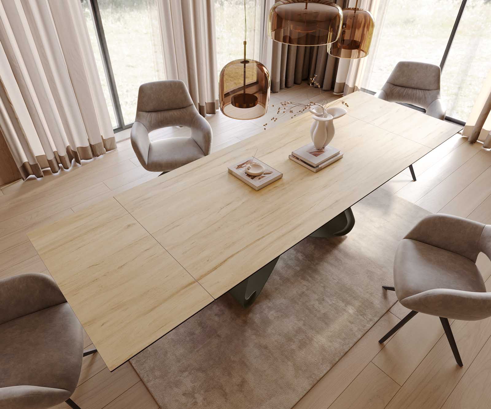 Маса 200-300x100 Keramik Laminam® Sabbia Дъбцвят W-Рамка Ефектенфиниш Titan разтегателна Edge 5