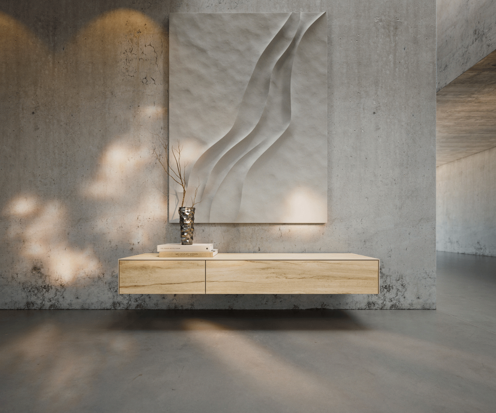 Ниска дъска Cuor 150 см Керамичен ламинат® Sabbia Дъб цвят 1 клапа 1 чекмедже Плаващ 4