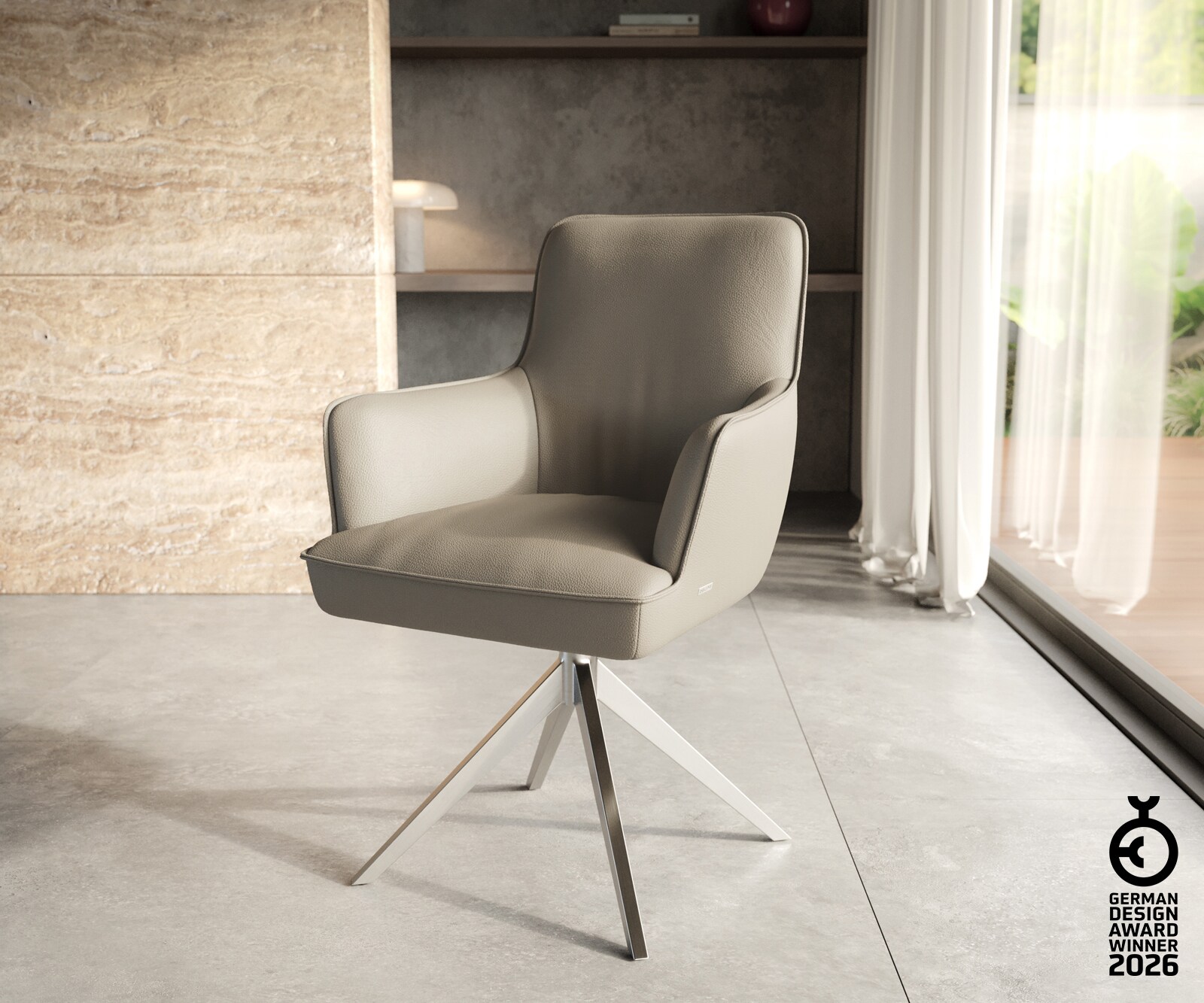 Врътящ се стол с подлакътници Естествена кожа Сиво-Кафяв Конус крак плосък Неръждаема стомана 360° въртящ се Покет пружина Heira-Flex