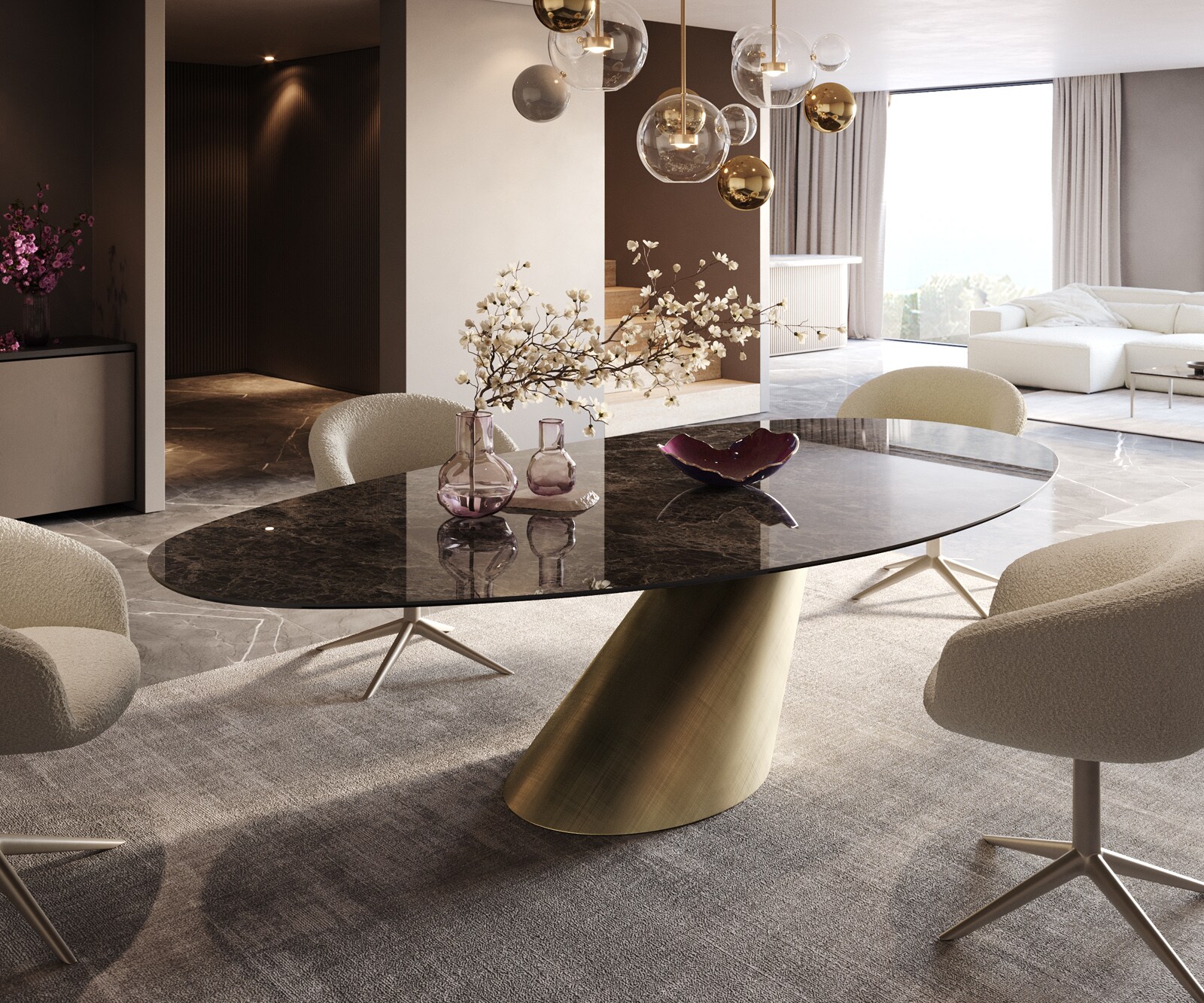 Трапезна маса Edge Oval 280x130 Ceramic Laminam® Emperador Extra Lucidato Dark brown Cono Metallic Gold