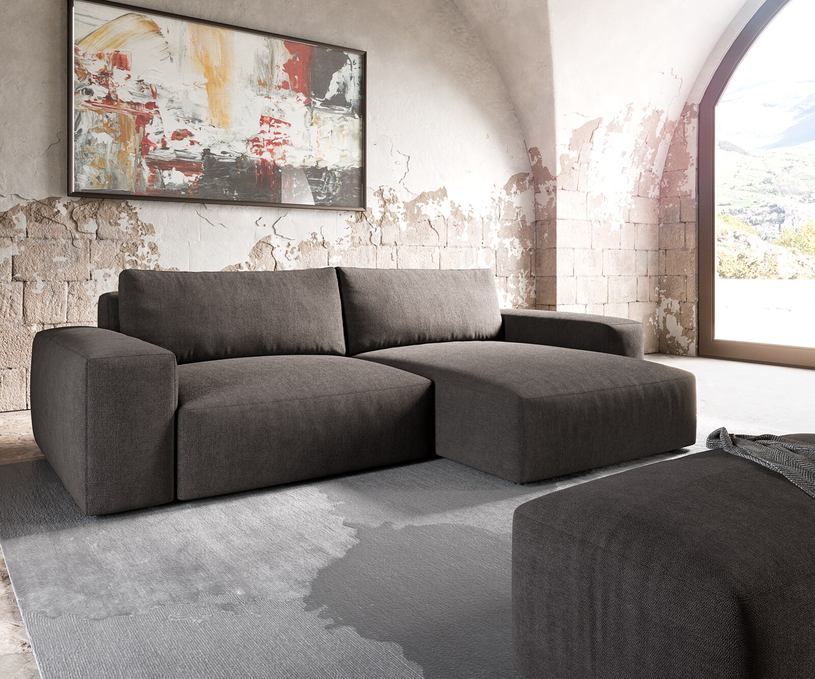 Ъглов диван XL 270x180 cm Микрофибър КакиКафяв Варианти лежанка с табуретка Lanzo