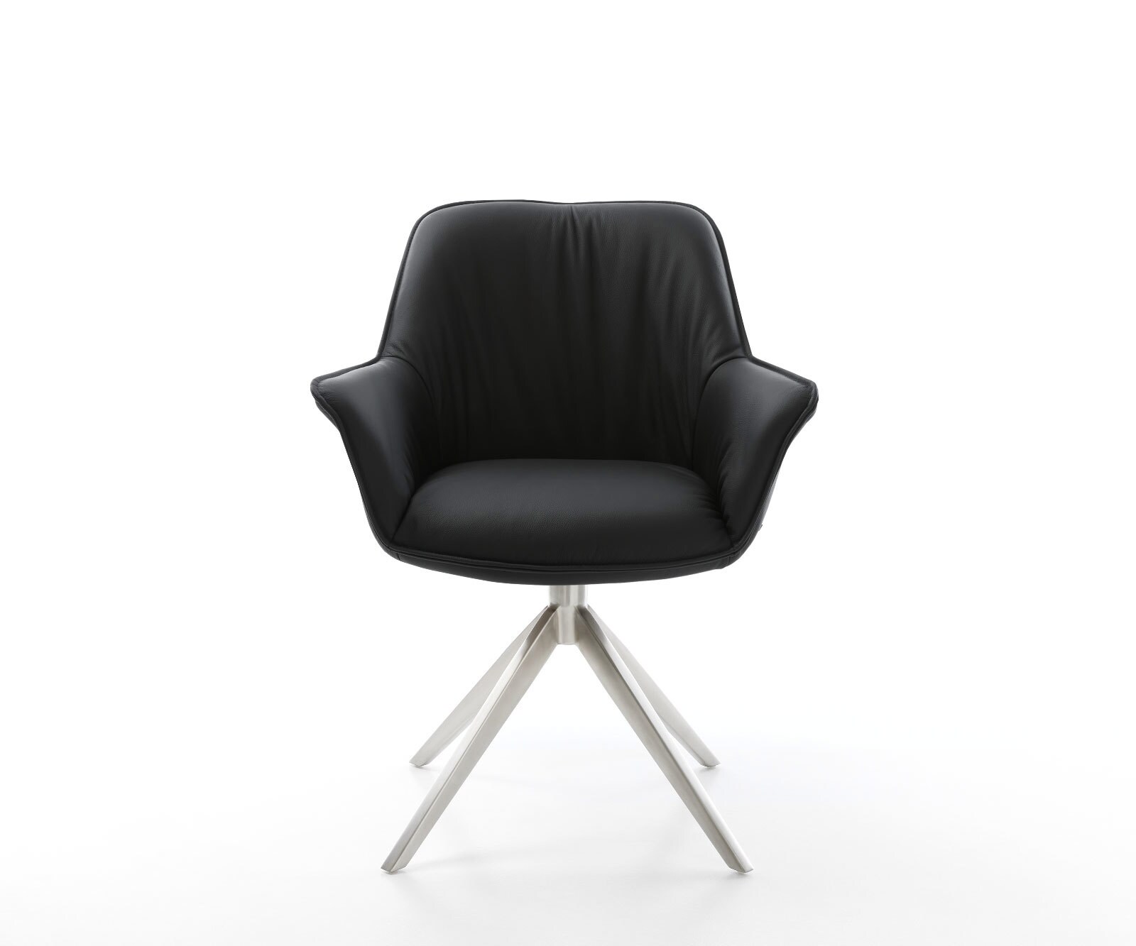 Врътящ се стол с подлакътници Естествена кожа Черен Конус крак плосък Неръждаема стомана 360° въртящ се Keila-Flex 2