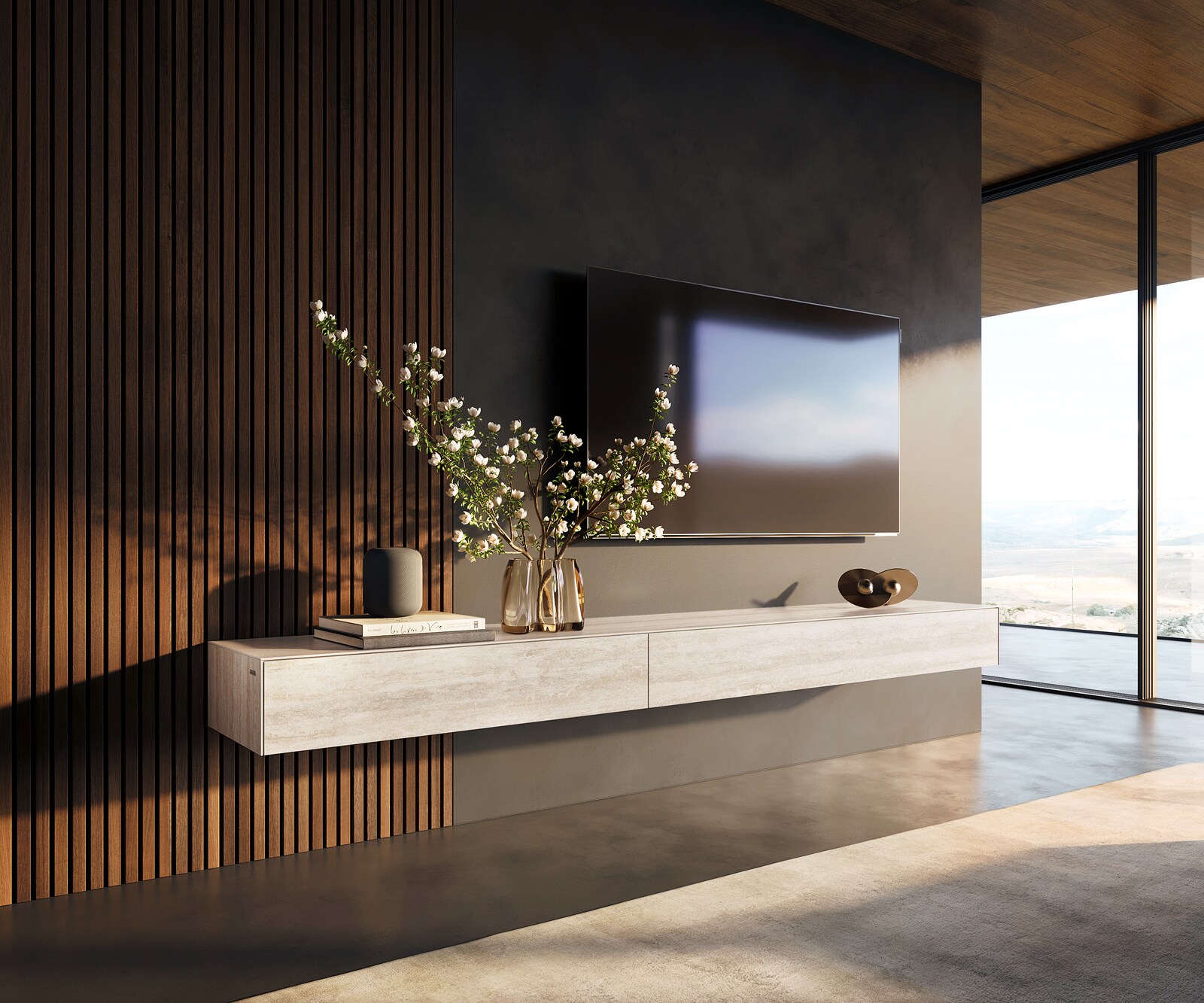 Ниска дъска Cuor 250 cm Керамичен ламинат® Travertino Bianco Крем-бяло 1 клапа 1 чекмедже Плаващо