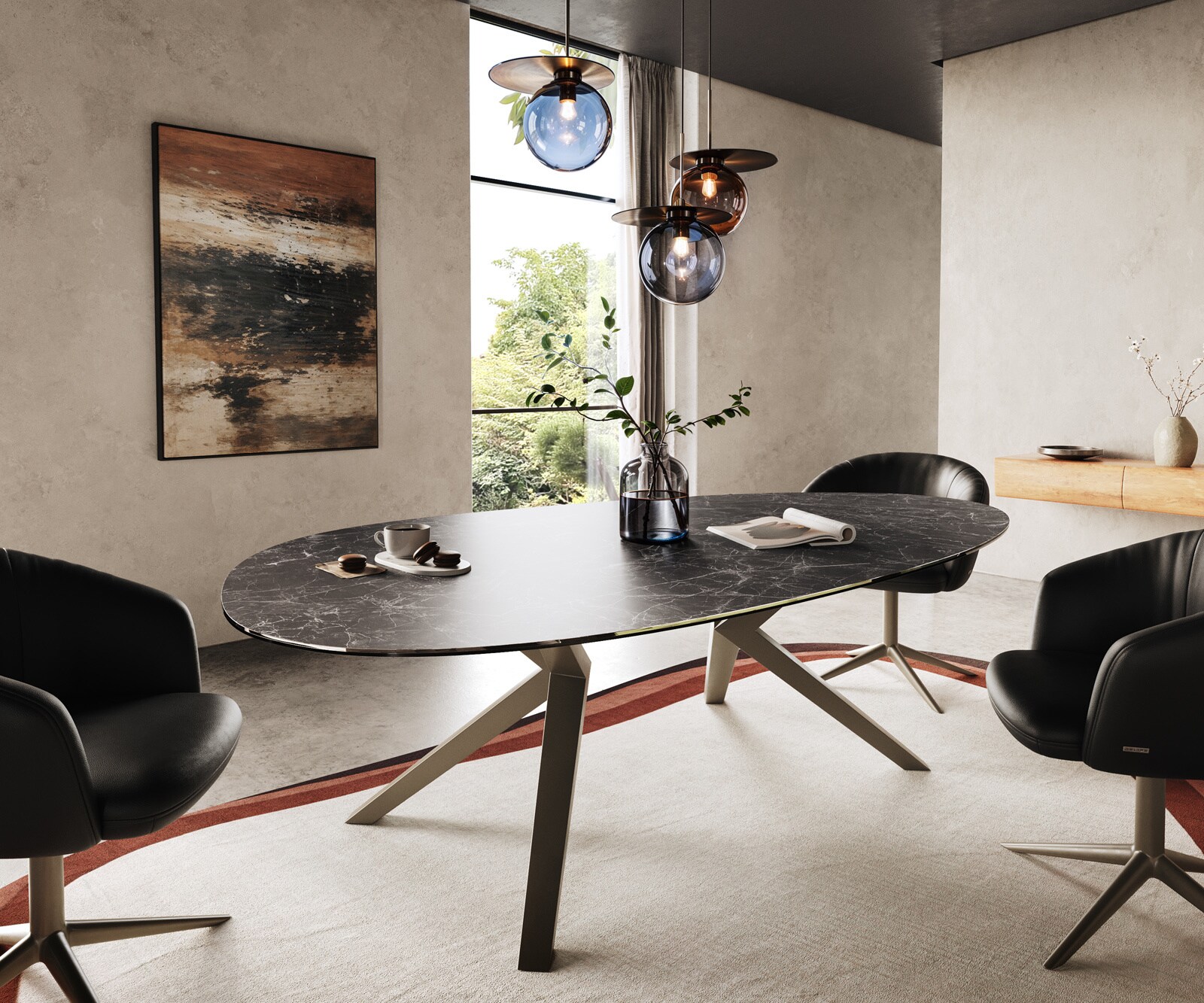 Трапезна маса Edge Oval 220x120, керамика Laminam „®“, „Nero Greco“, „Anthrazit“, „Zenthara“, с остри ръбове, метално покритие с ефект „Титан“ 1
