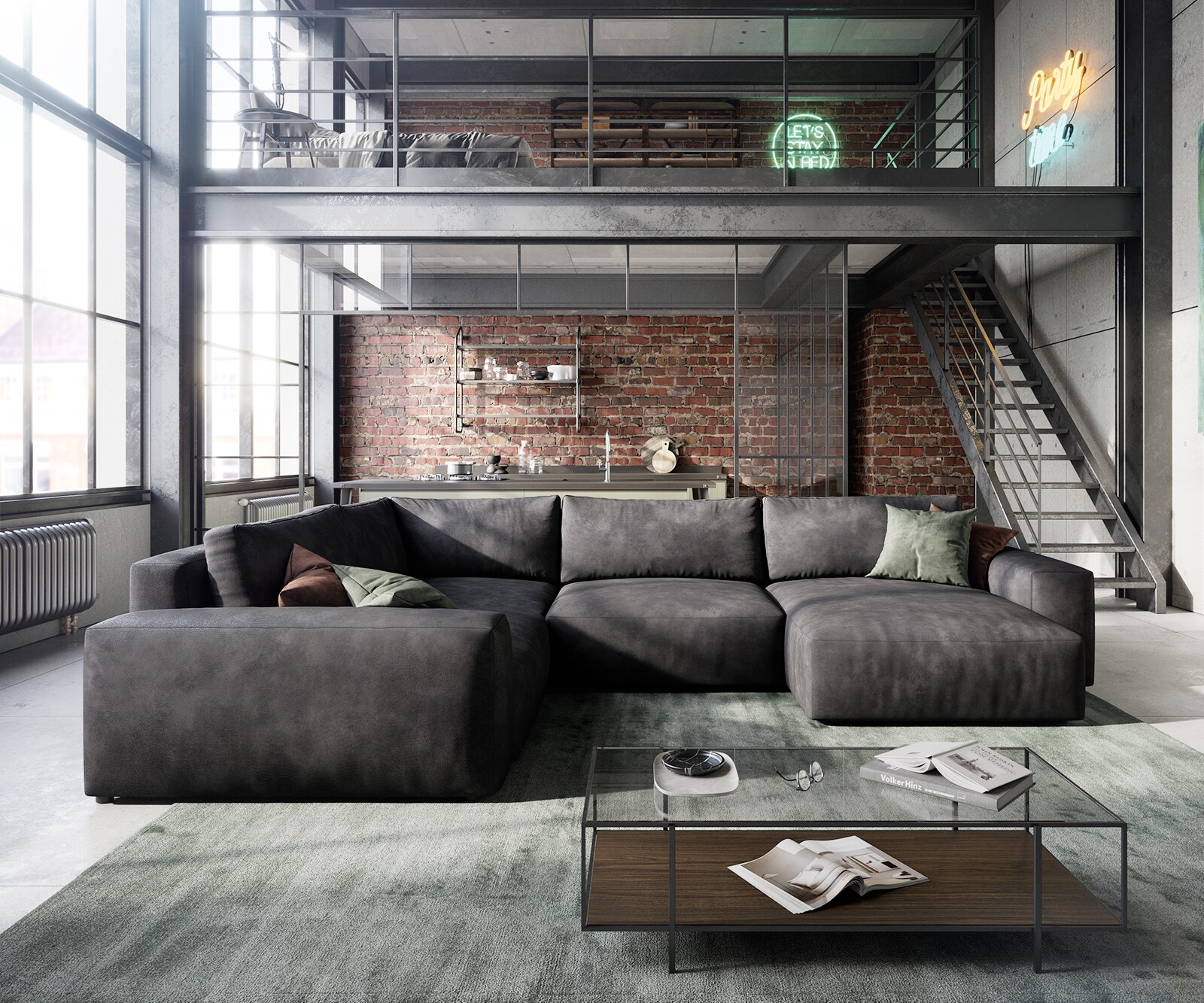 Холна гарнитура L 330x230 cm Имитация на кожа Винтидж Антрацит Лежанка вариации Lanzo 2