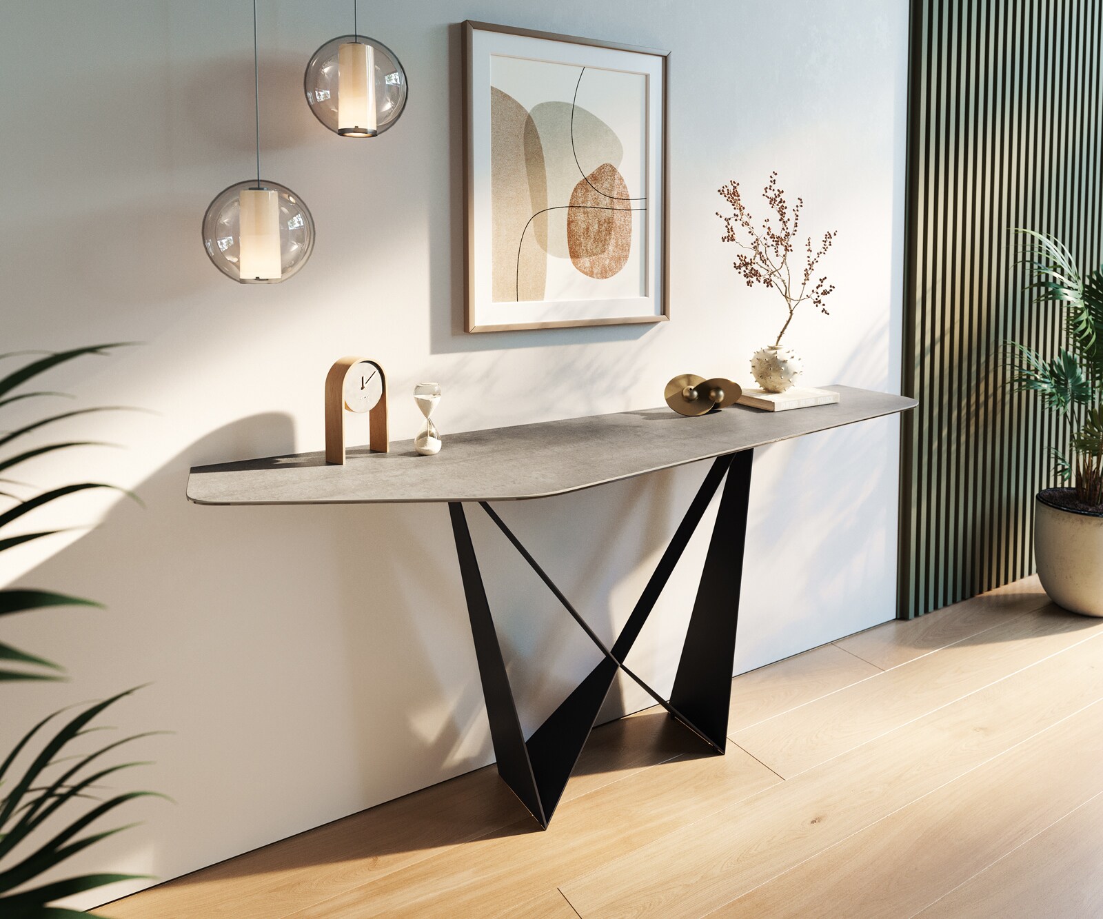 Конзолна маса Edge Polygonal 180x50 см, керамика и бетон в сиво, метал Spios в черно 1