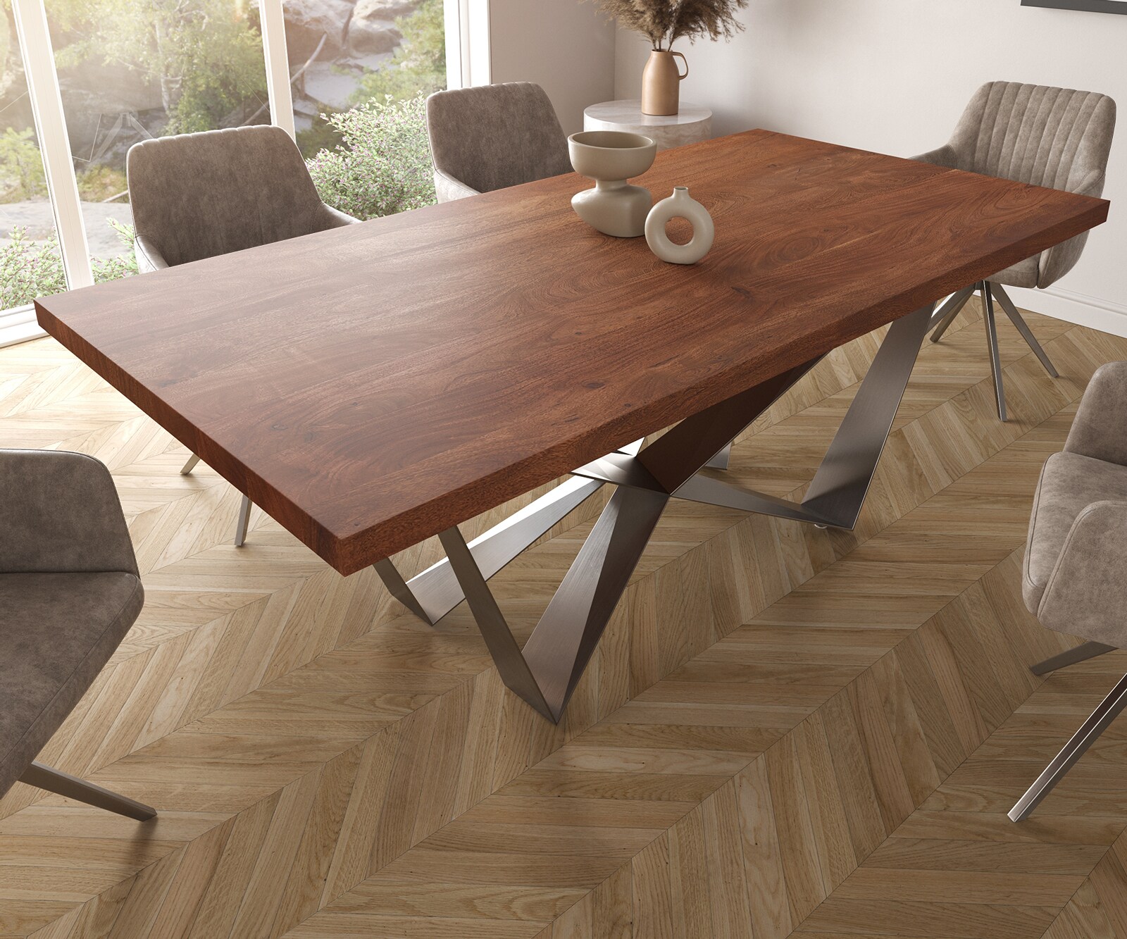 Маса 200x100cm XL Акация Кафяв Spider плоска стомана Неръждаема стомана Edge 3