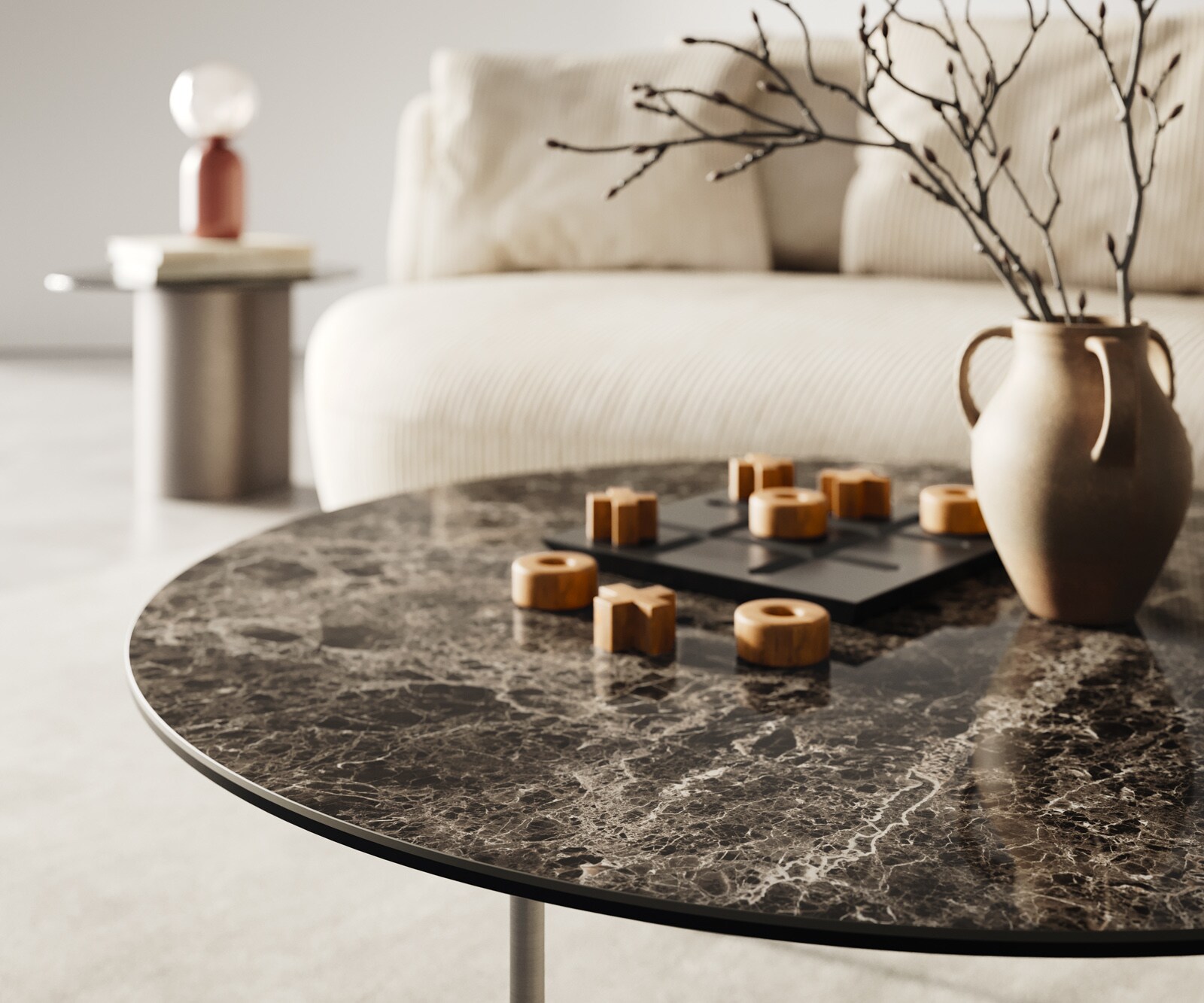 Масичка за кафе Edge Round 90x90 cm Керамичен ламинат® Emperador Extra Lucidato Тъмнокафяв плот Матирана неръждаема стомана 6