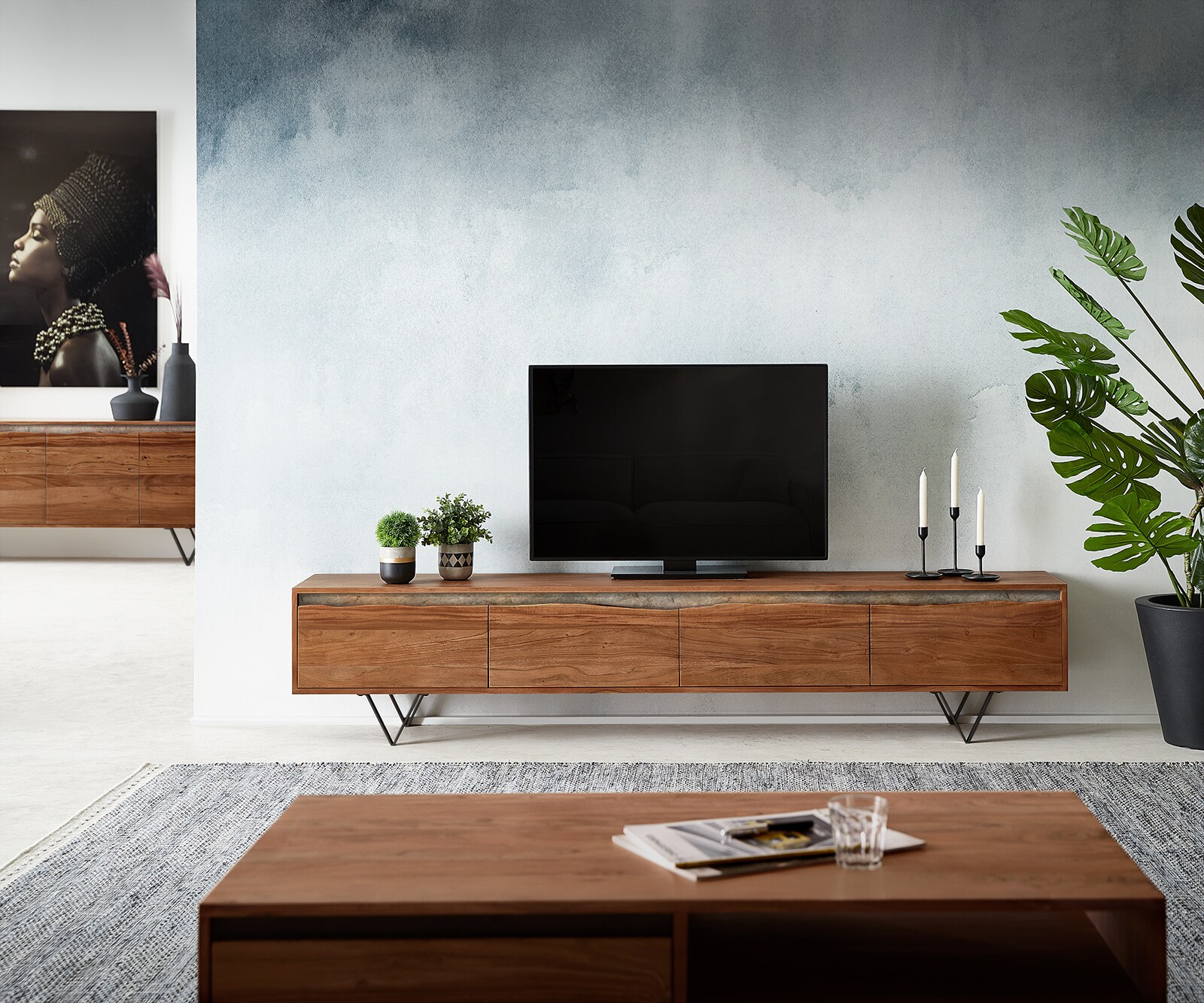Нисък шкаф 220 cm Акация Кафяв естествен ръб 4 Врати V-Крак Черен Stonegrace 1