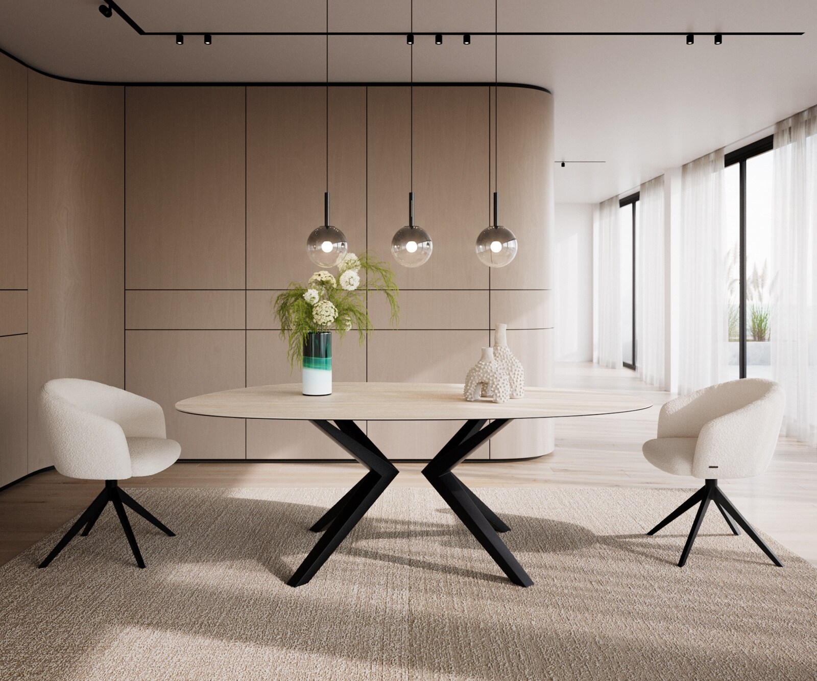 Трапезна маса Edge Oval 220x120, керамика Laminam „®“, Travertino Bianco, кремаво-бяло​, Zenthara, с остри ръбове, метал, черно 2