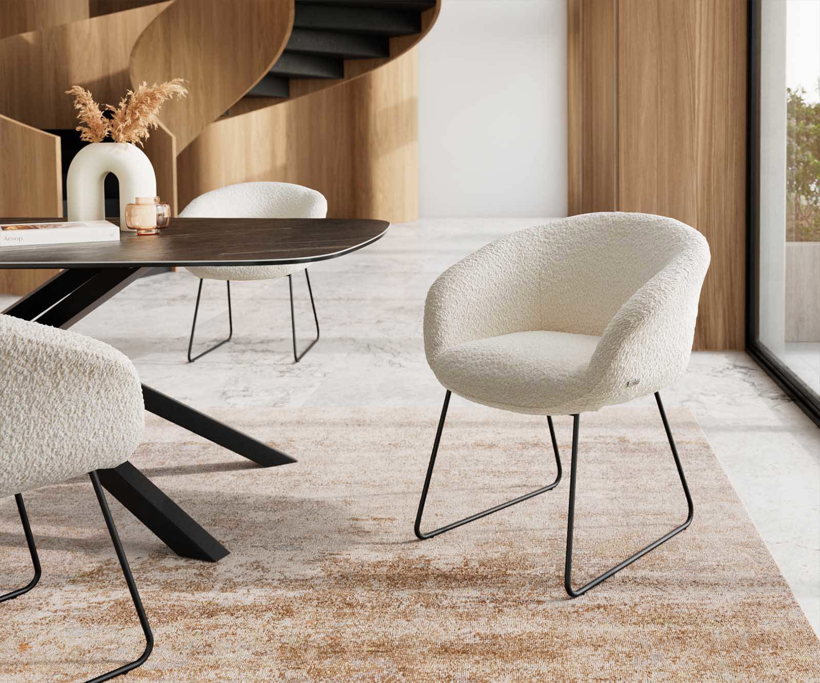 Трапезен стол с подлакътници Букле Бял Извити крака Черен Покет пружина Vinka-Flex Трапезен стол с подлакътници Букле Бял Извити крака Черен Покет пружина Vinka-Flex