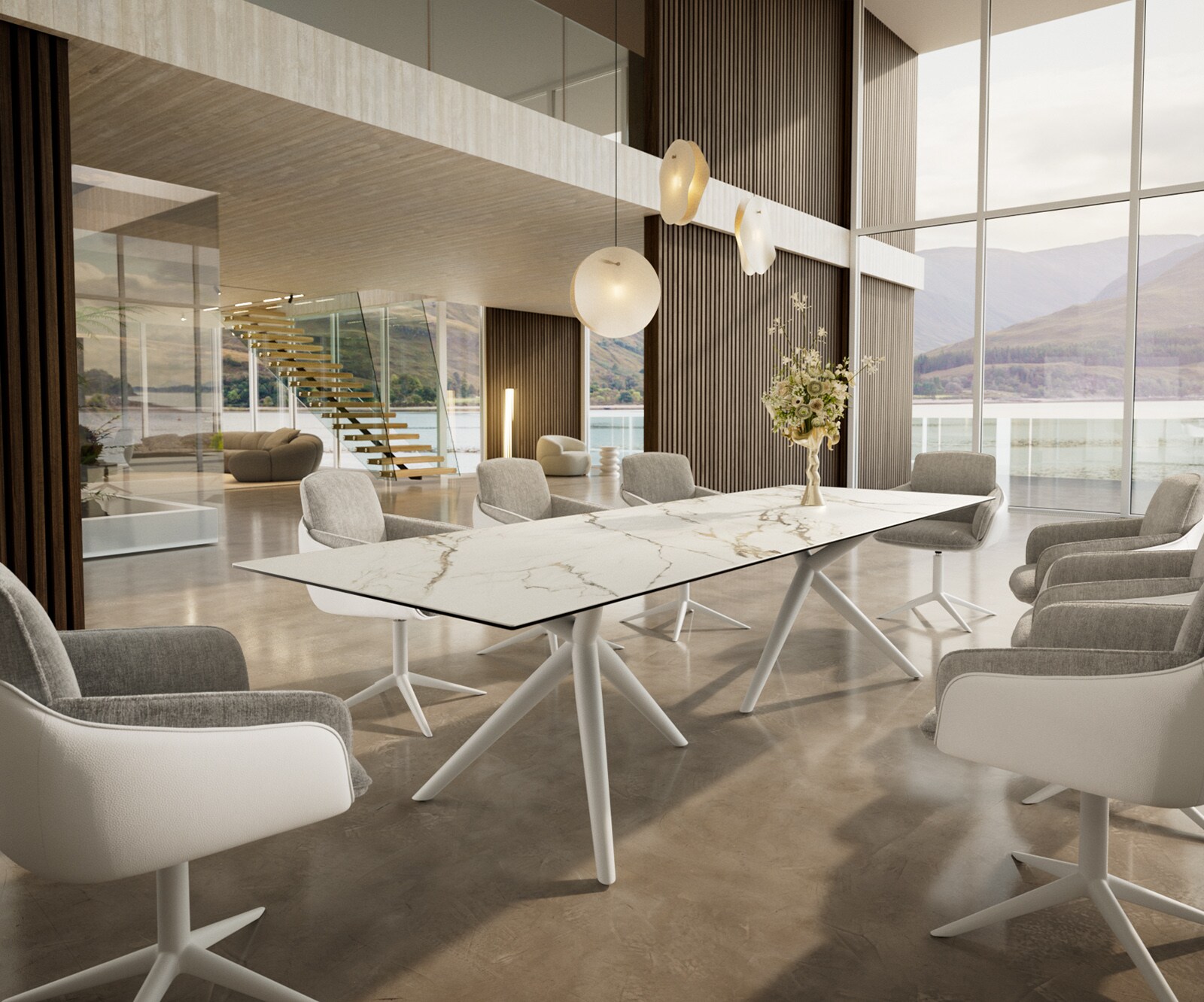 Трапезна маса Edge 300x100, керамика Calacatta Luxe, бяло-златно-сиво, Estelar, кръгла, метална, бяла 5