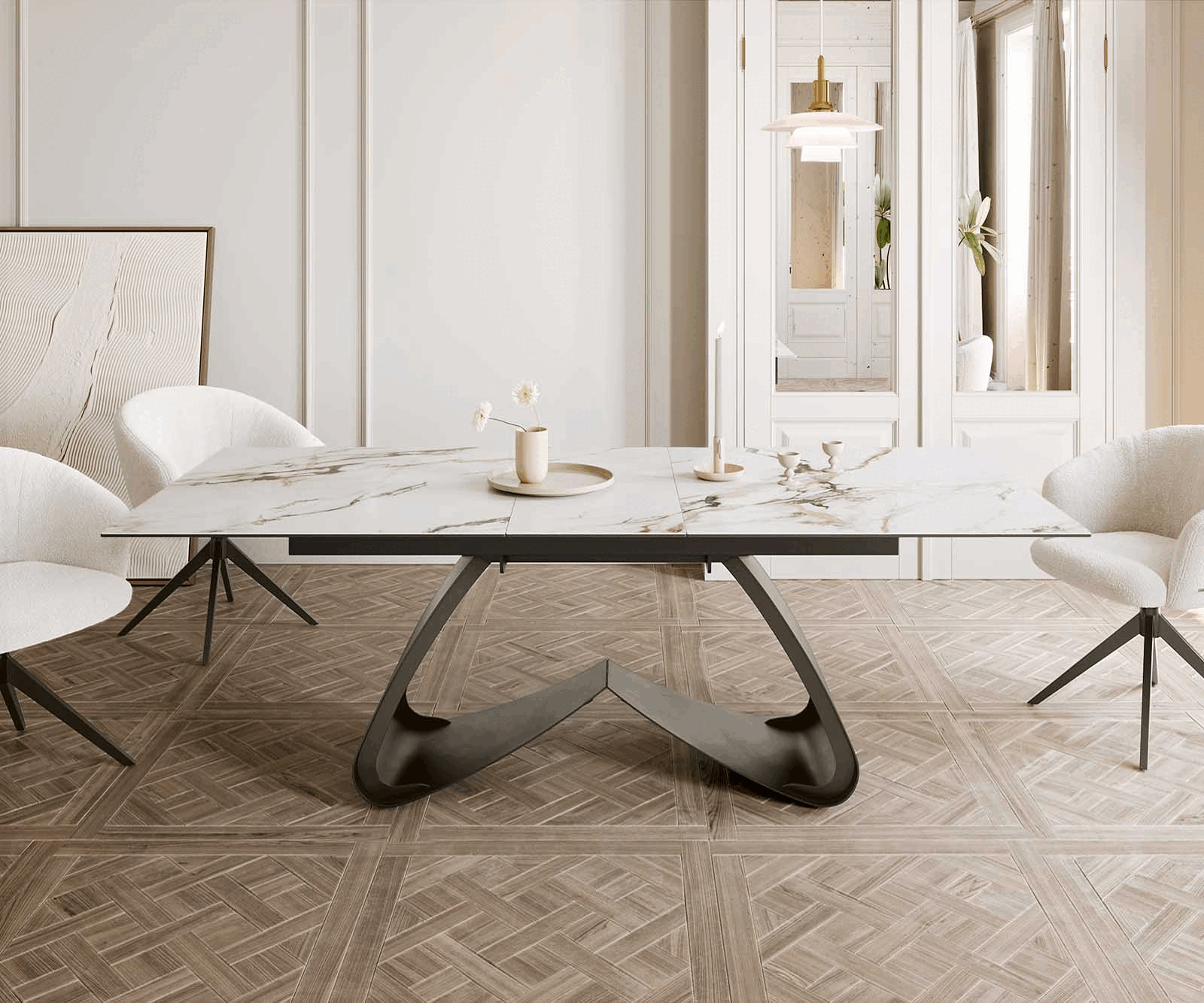 Разтегателна трапезна маса Edge 180-220х100 см Керамика Calacatta Luxe Бял-Злато-Сив W-образна основа Титаниев цвят 2