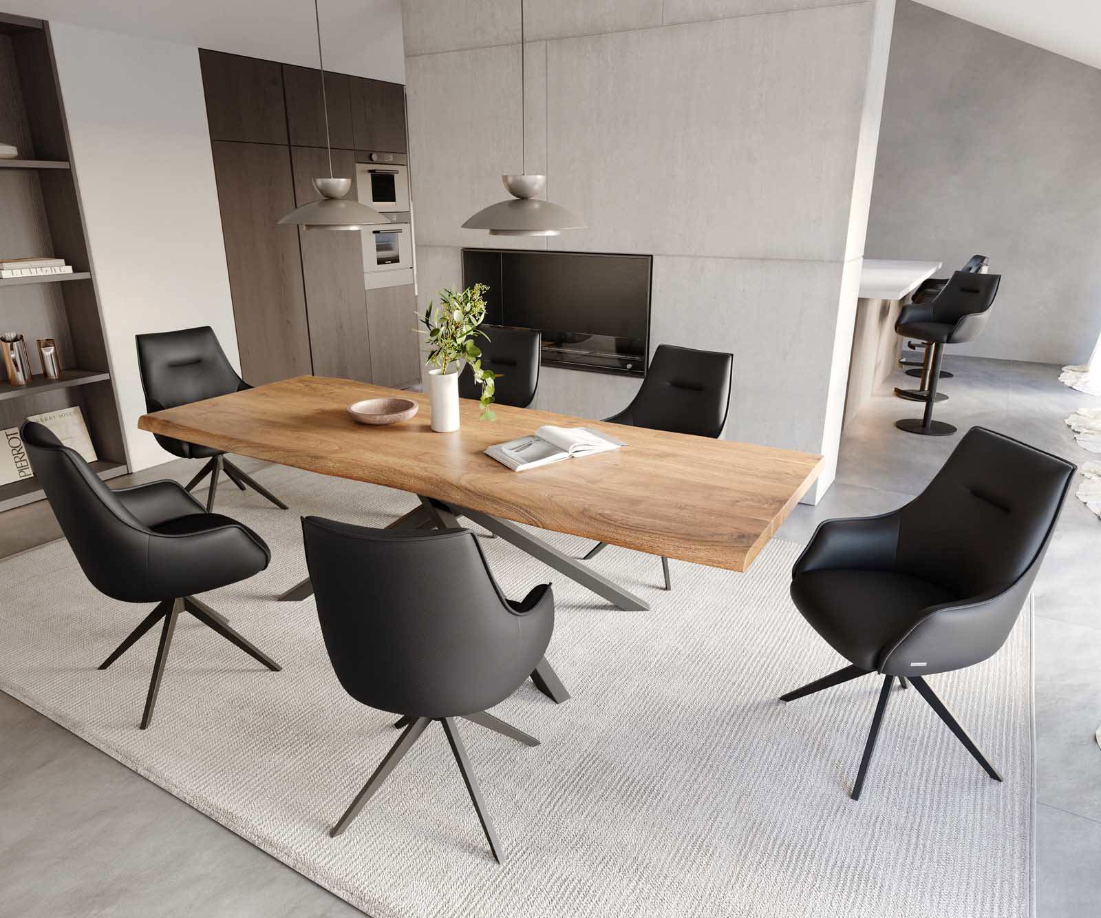 Врътящ се стол с подлакътници Естествена кожа Черен Конус крак плосък Черен 360° въртящ се Покет пружина Alja-Flex 5