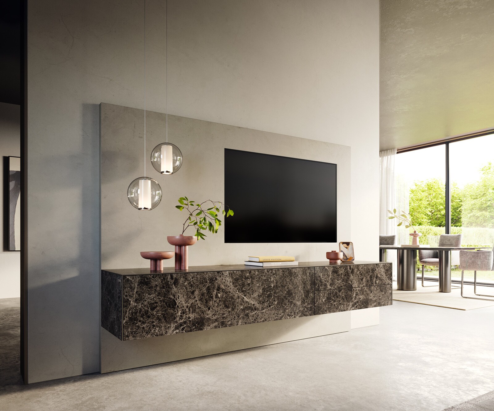 Стенен ТВ шкаф Cuor 220 см Керамика Laminam® Emperador Extra Lucidato Тъмно-кафяво 1 врата 2 чекмеджета 
