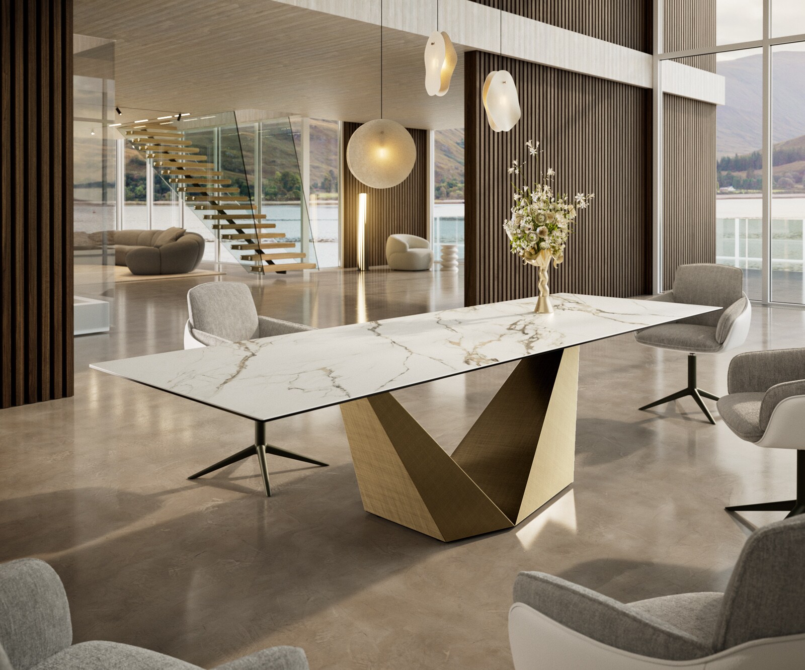 Трапезна маса Edge 300x100 керамика Calacatta Luxe бяло-златисто-сиво Prisma Metallic Gold 1