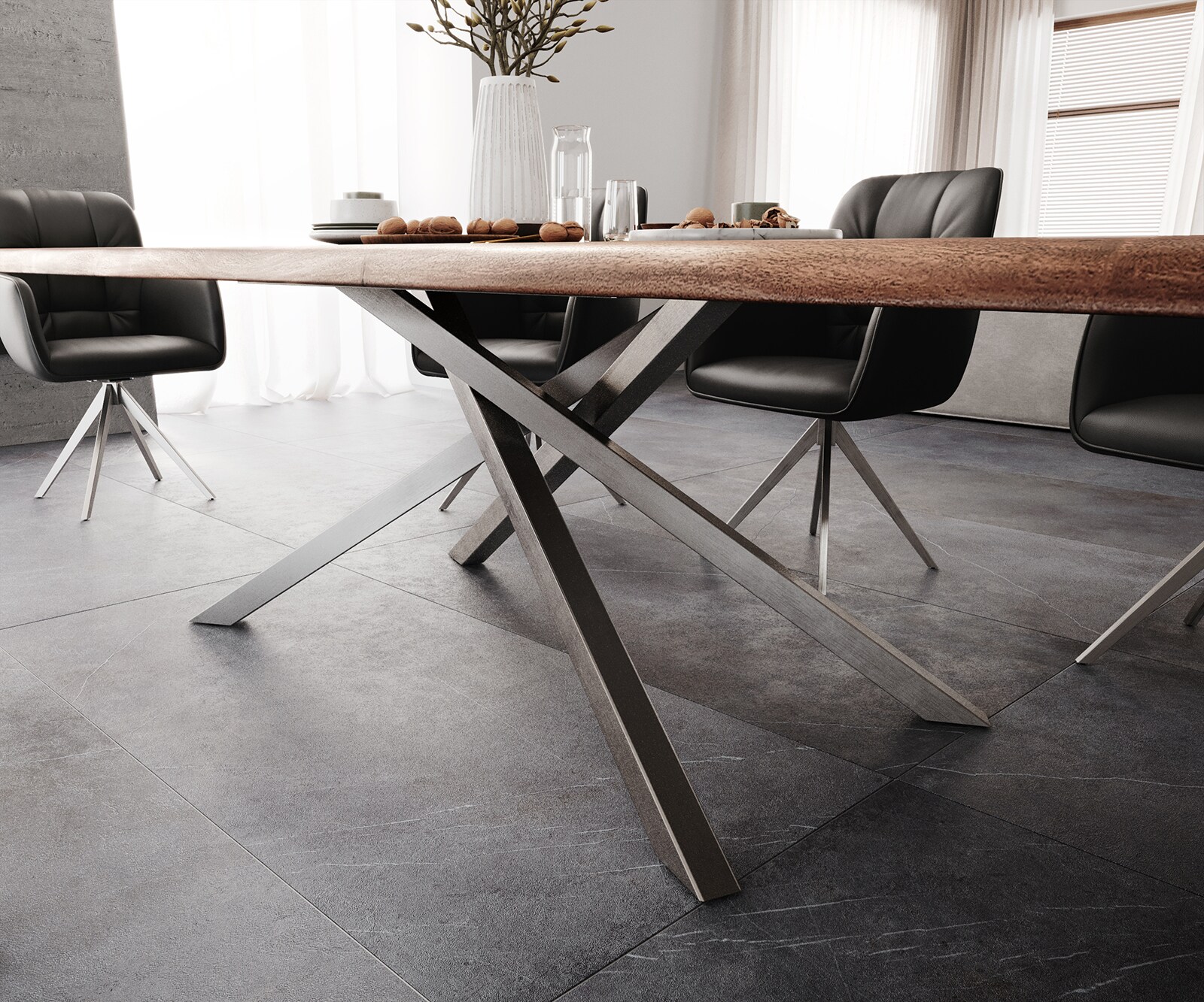 Трапезна маса Edge 300x100 XL от акация, кафява, с кръстообразна конструкция, правоъгълна, от неръждаема стомана, с естествени ръбове 6