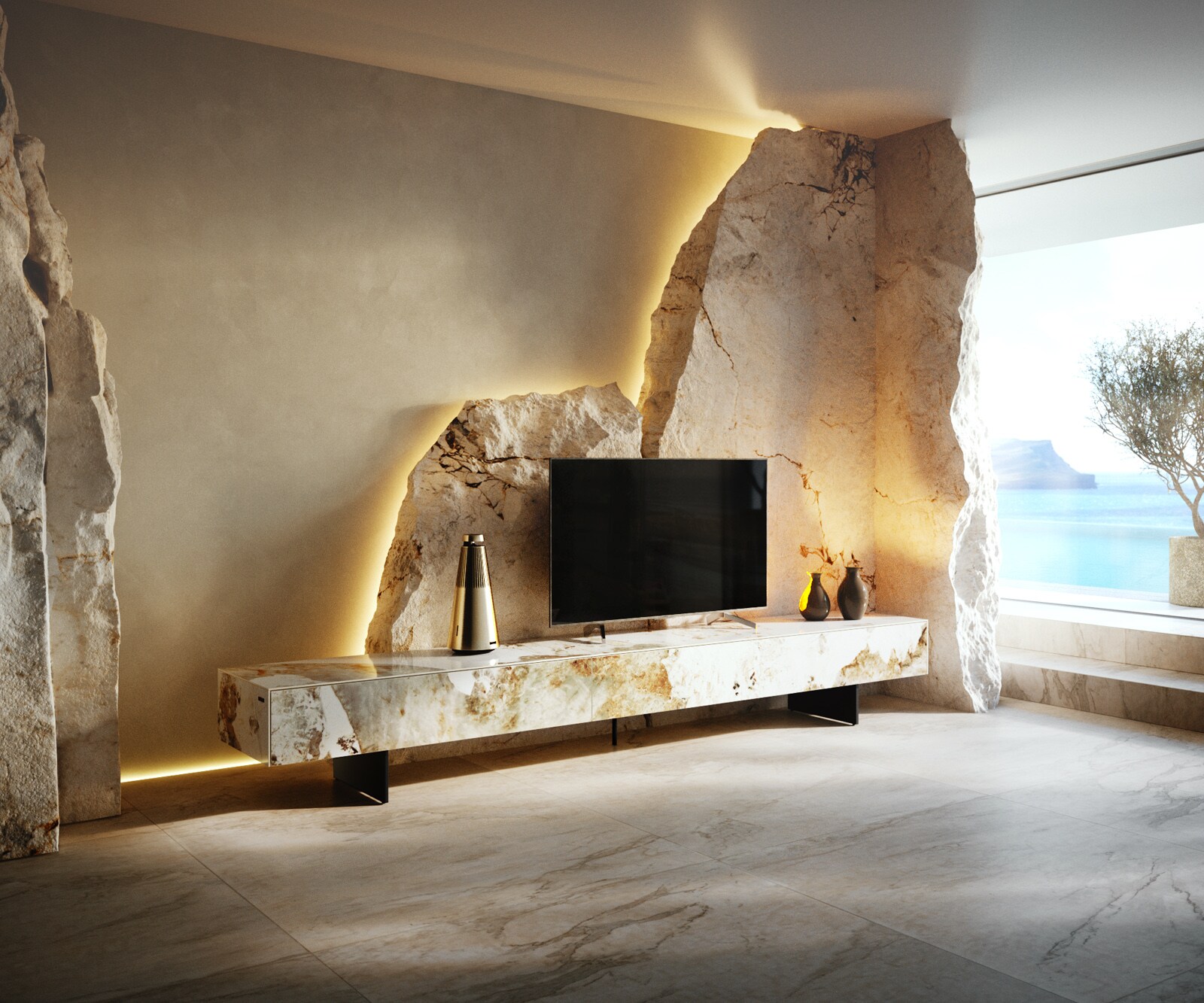 Ниска дъска Cuor 250 cm Керамика Minas Melange Бяло-бежово 1 клапа 1 чекмедже Основа Плаващ вид Метал Черно 2