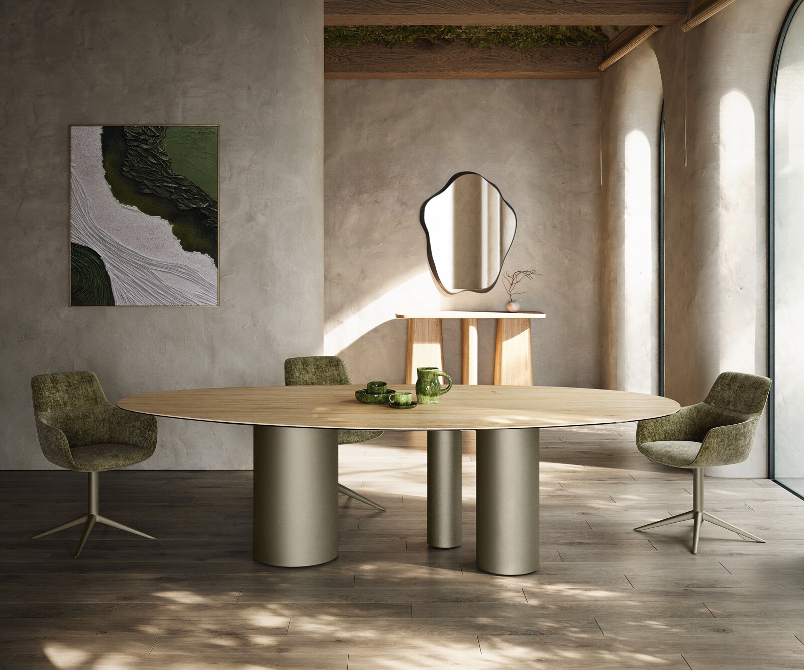 Трапезна маса Edge Oval 280x130, керамика Laminam „®“, цвят „Sabbia“ (дъбов), Troa, метал, ефектно покритие „Титан“ 1