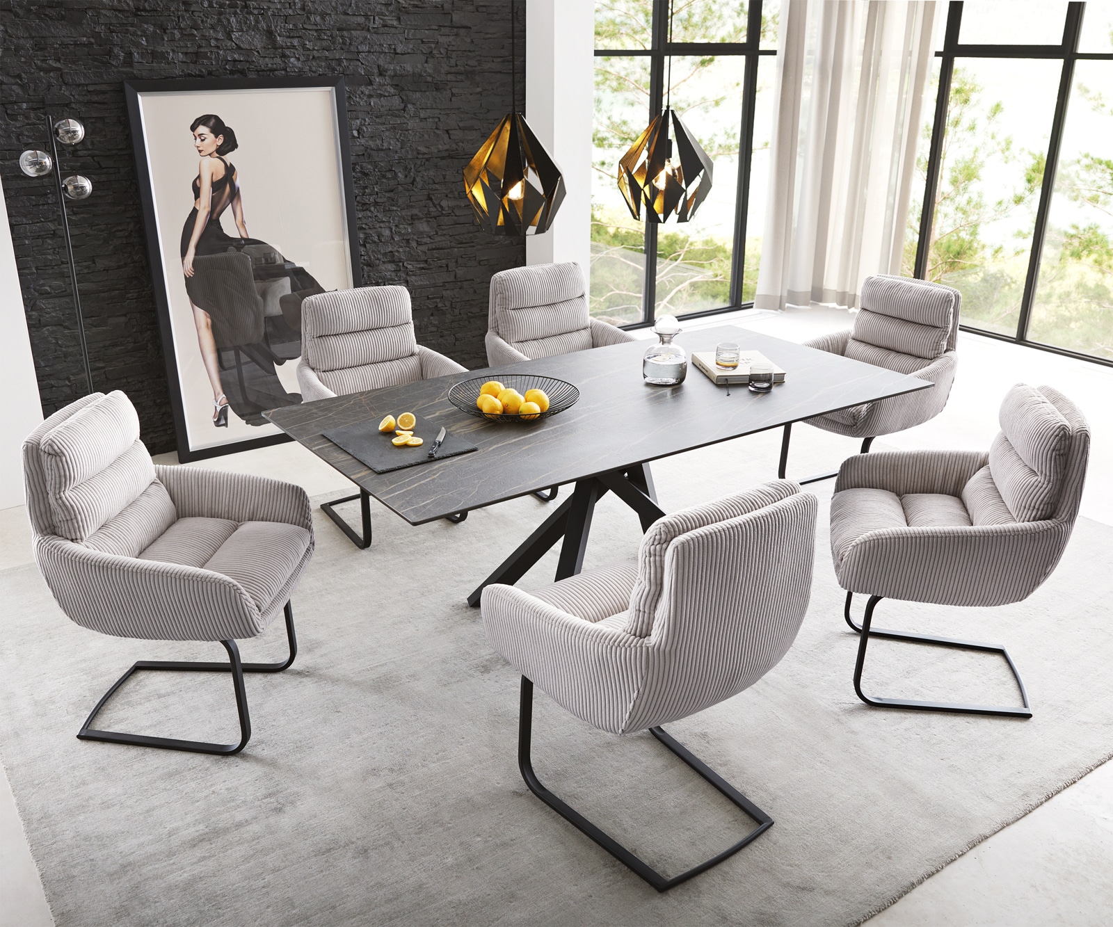 Люлеещ стол с подлакътници Корд Сребристо сив Конзолен крак плосък Черен Abelia-Flex 4 Люлеещ стол с подлакътници Корд Сребристо сив Конзолен крак плосък Черен Abelia-Flex 4