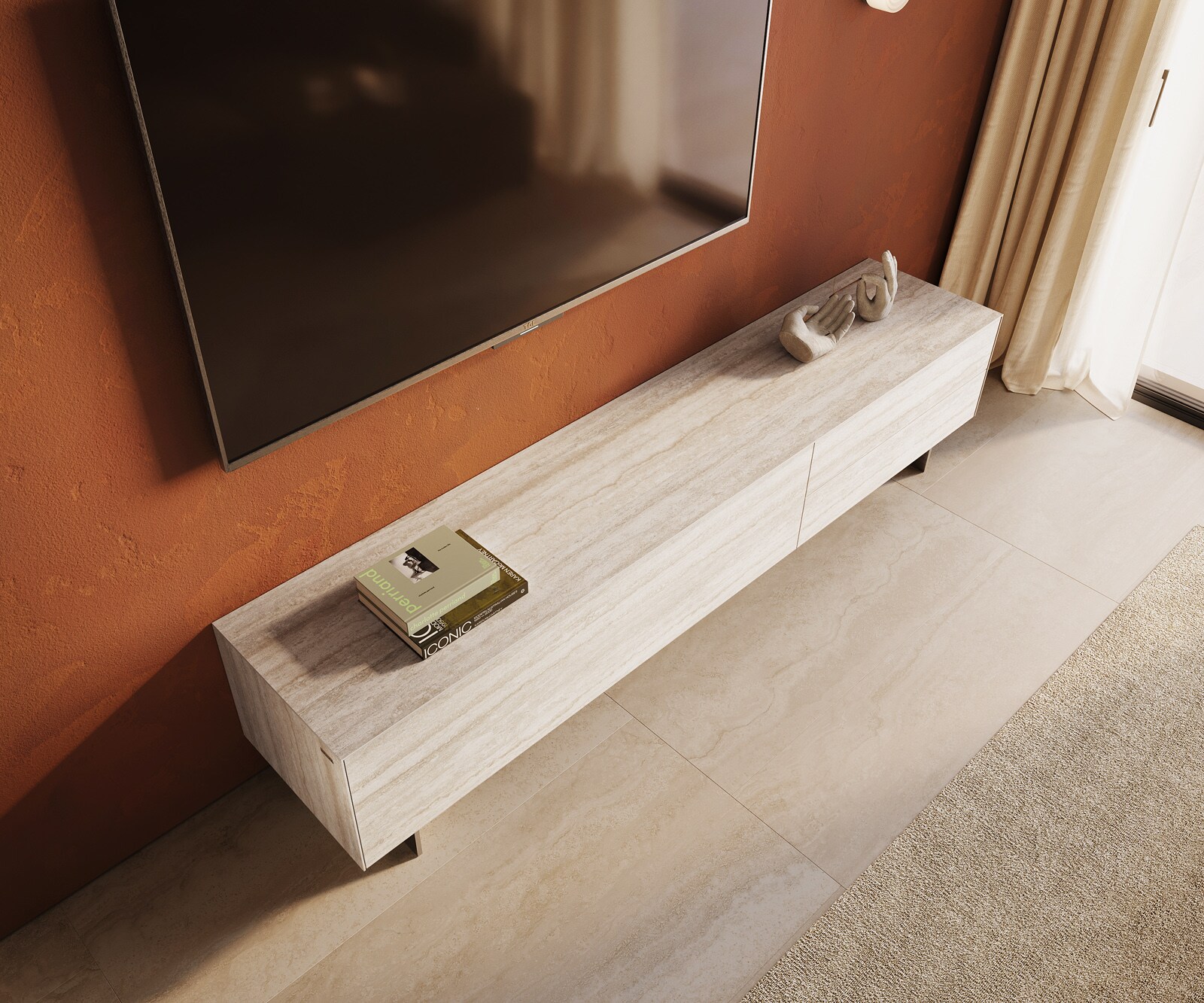 Ниска дъска Cuor 220 cm Керамичен ламинат® Travertino Bianco Крем-бяло 1 клапа 2 чекмеджета Основа Плаващ вид неръждаема стомана 4