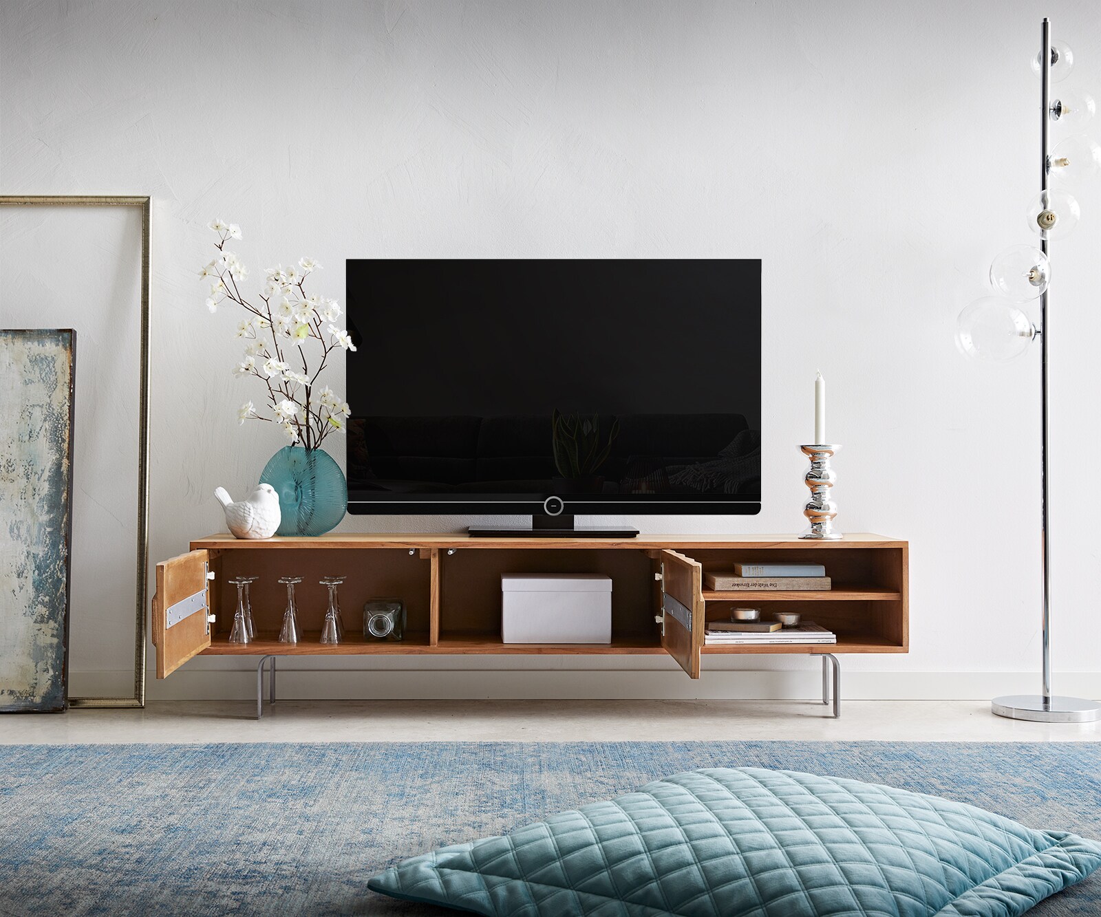 ТВ шкаф Fevo 160 cm Масив Акация, 2 Врати, Г-Крак, Натурален  3