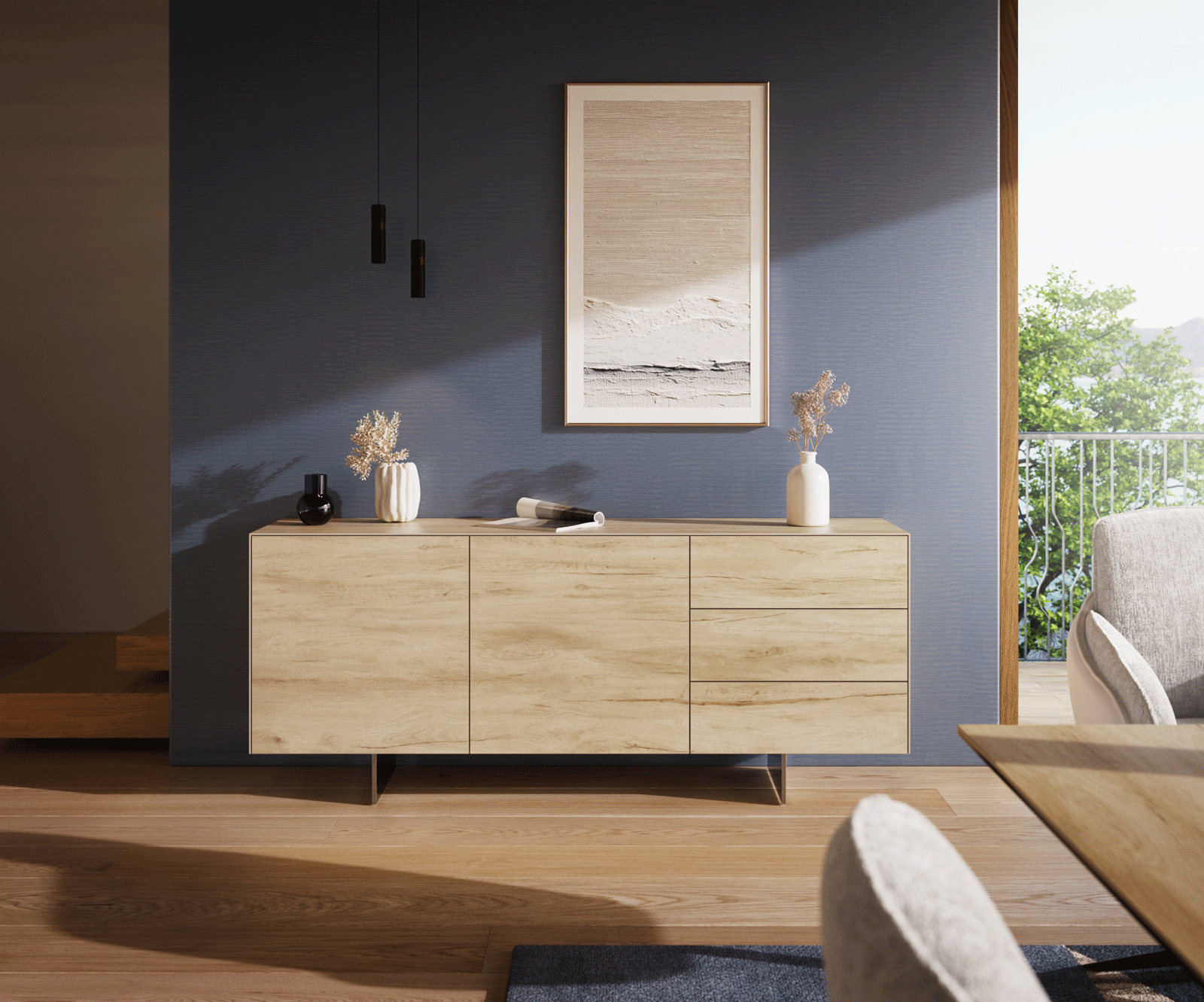Бюфет Cuor 180 см Керамика Laminam® Sabbia Дъбов цвят 2 врати 3 чекмеджета Основа Неръждаема стомана 1