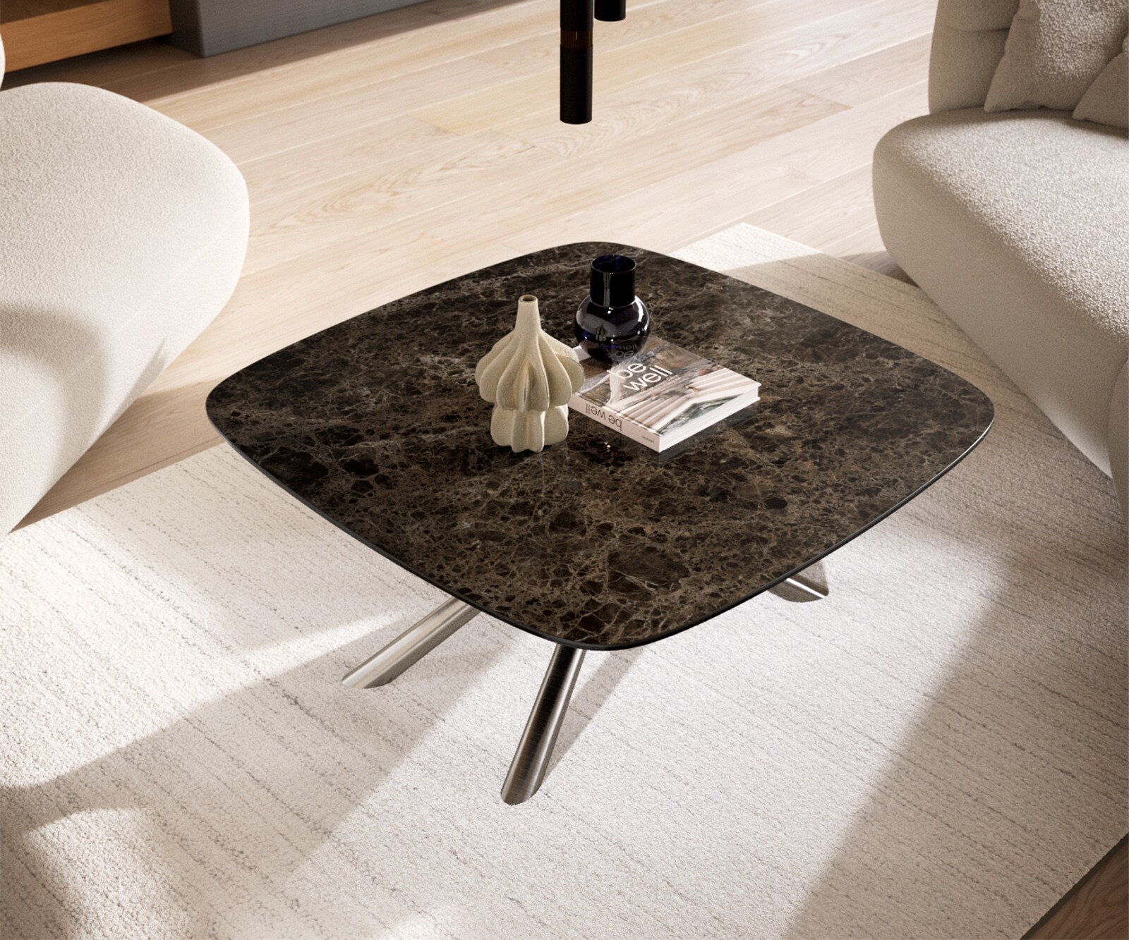 Масичка за кафе Edge Boot 90x90 cm керамика Laminam® Emperador Extra Lucidato Тъмно кафяво Sarity Матирана неръждаема стомана 4