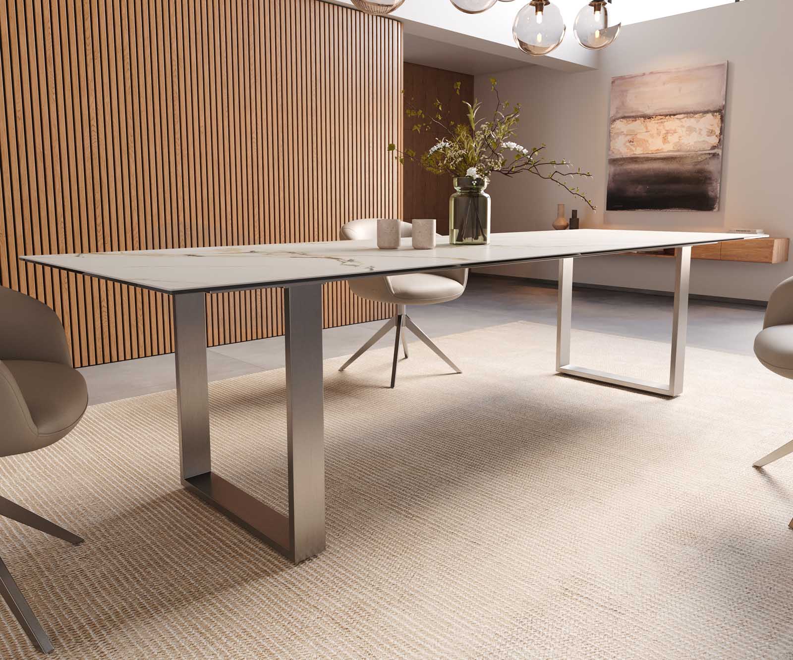 Трапезна маса Edge 300x100, керамика Calacatta Luxe, бяло-златно-сиво, неръждаема стомана, тясна 7