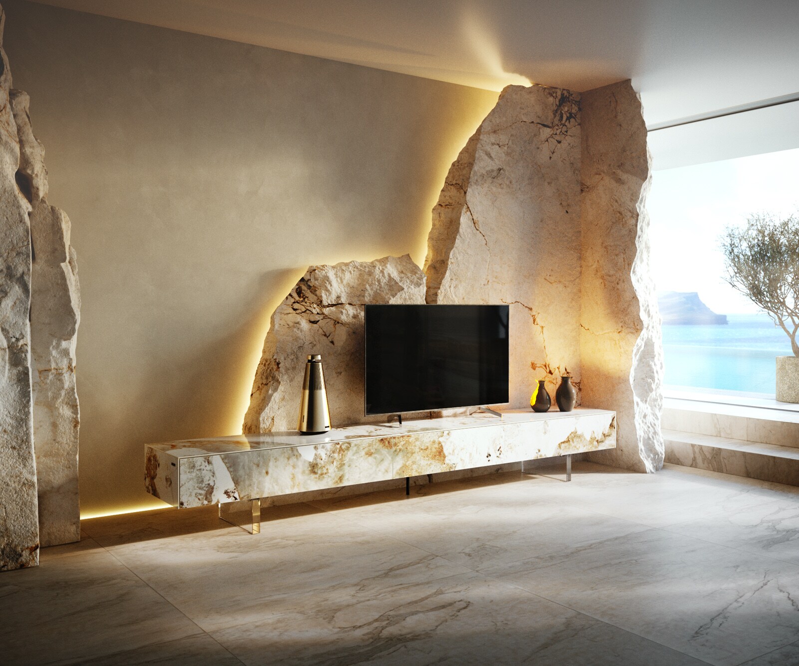 Нисък плот Cuor 250 cm Керамика Minas Melange Бяло-бежово 1 клапа 1 чекмедже Основа Плаващ вид акрилно стъкло 1