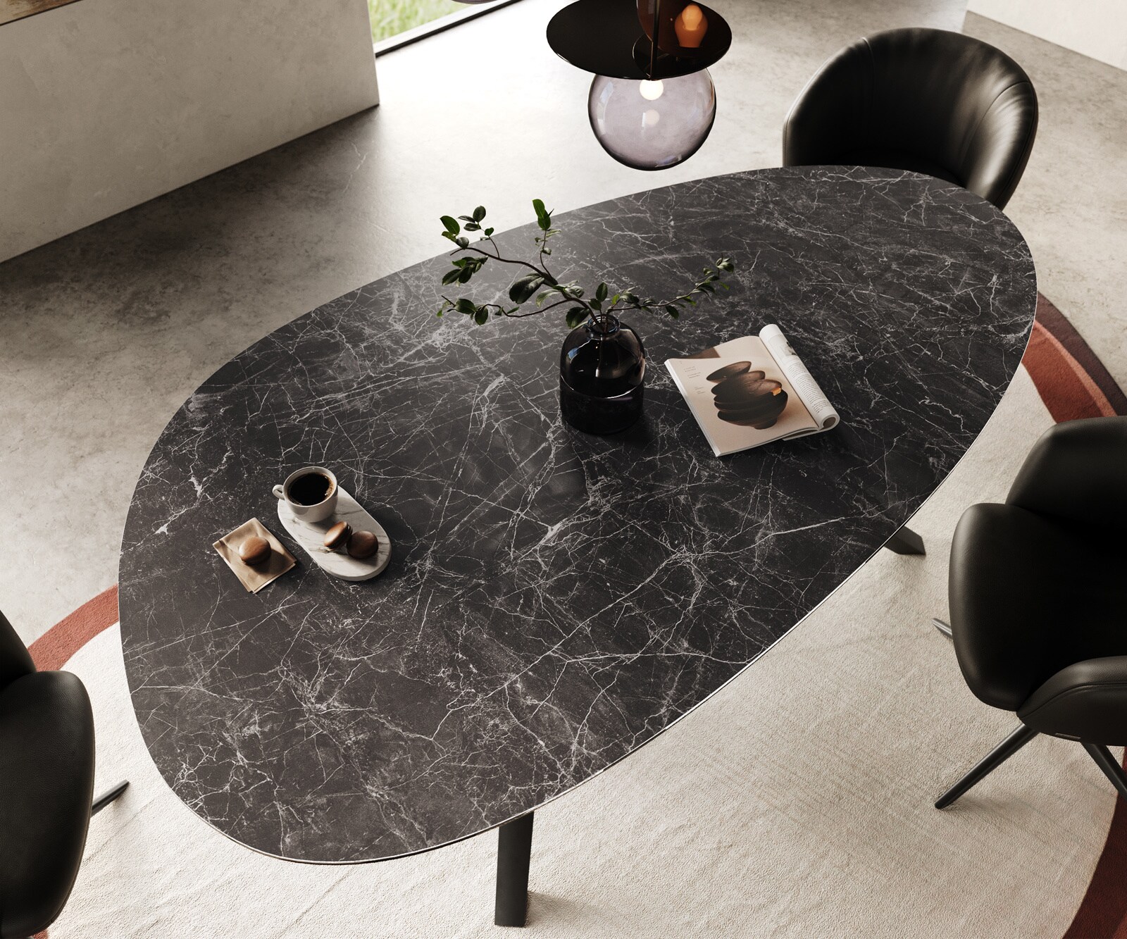 Трапезна маса Edge Oval 220x120, керамика Laminam „®“, „Nero Greco“, „Anthrazit“, „Zenthara“, с остри ръбове, метал, черна 4