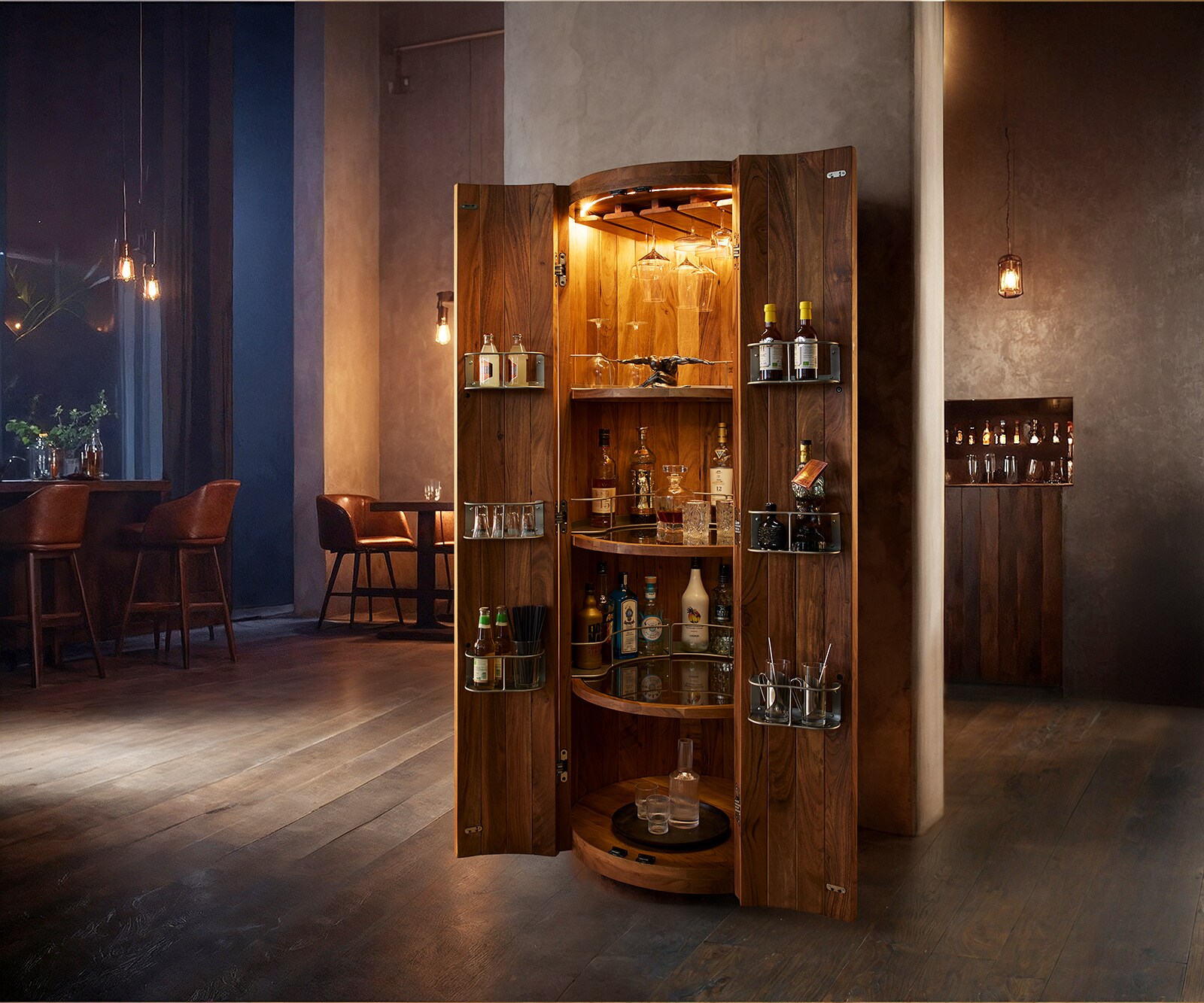 Бар шкаф Tulsa 80x190 см акация, естествено LED осветление, Шкаф за вино 1