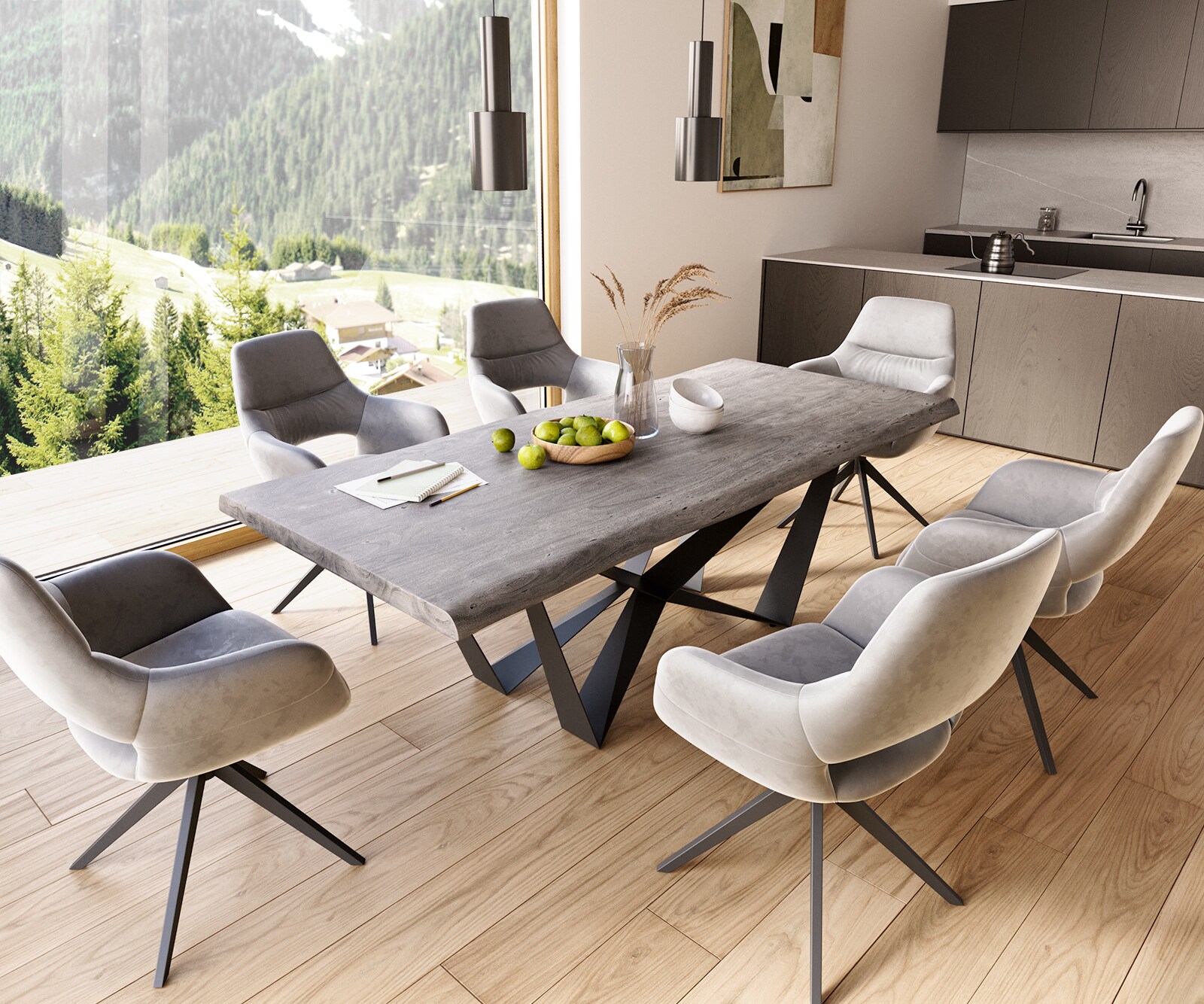 Трапезна маса Edge 220x100 XL от акация, „Платина“, „Спайдър“, плоска стомана, черна, с естествени ръбове 6