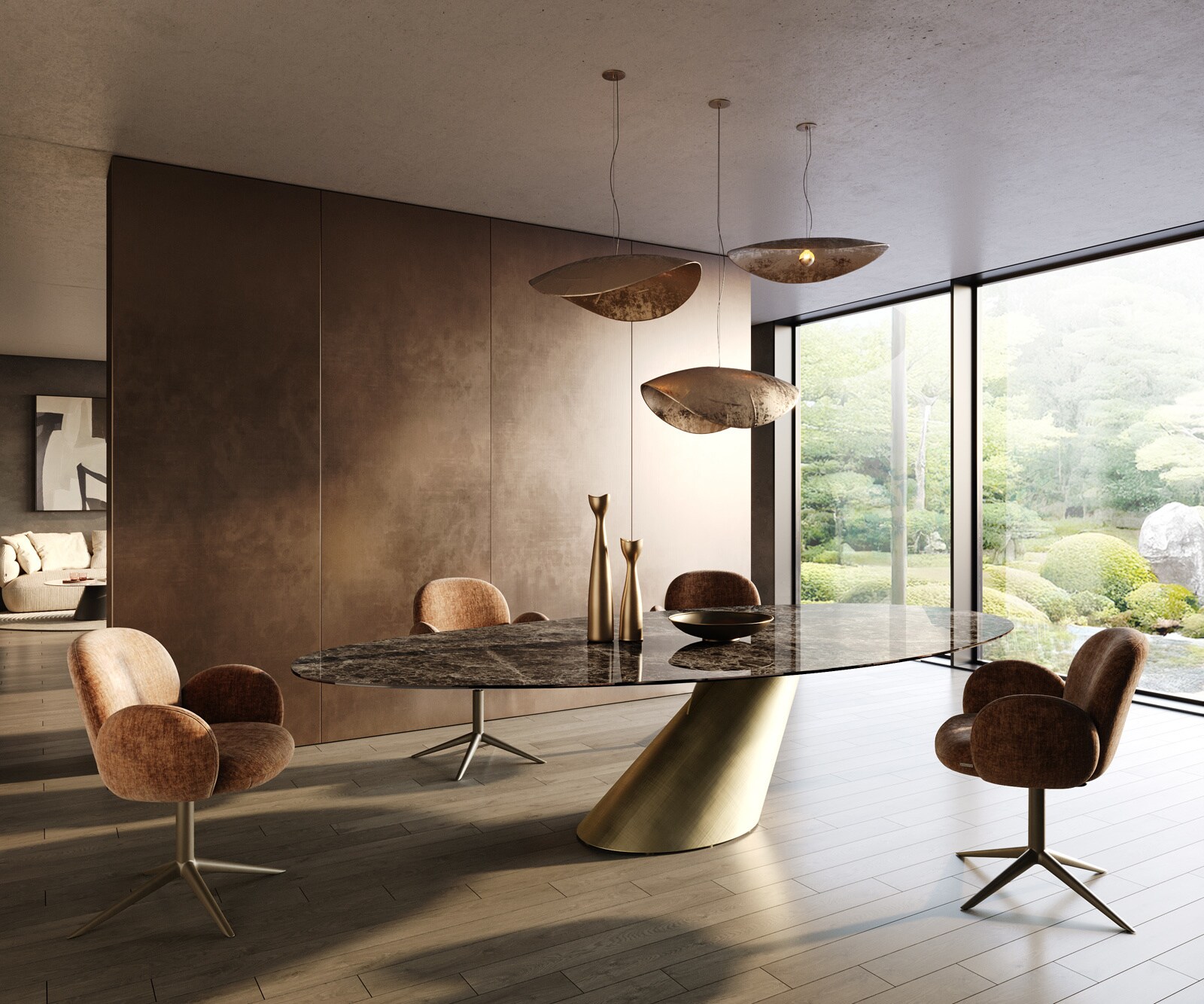 Трапезна маса Edge Oval 315x150 см, керамика Emperador Extra Lucidato, тъмнокафяво, Cono Metallic Gold 5