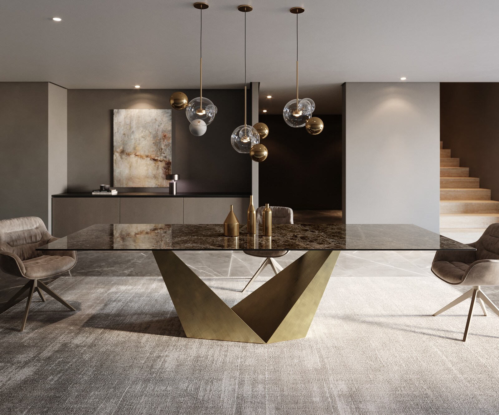 Маса за хранене Edge 300x100 Керамичен ламинат® Emperador Extra Lucidato Тъмнокафяво Prisma Metallic Gold 1