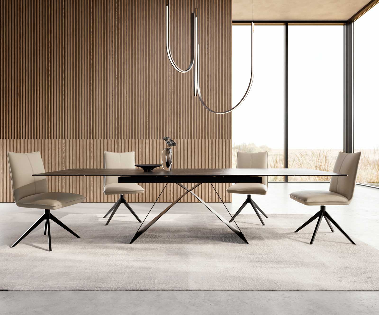 Разтегателна трапезна маса Edge 200-300х100 см Керамика Laminam®Noir Desir Тъмнокафяв V-образна метална основа Черен 1