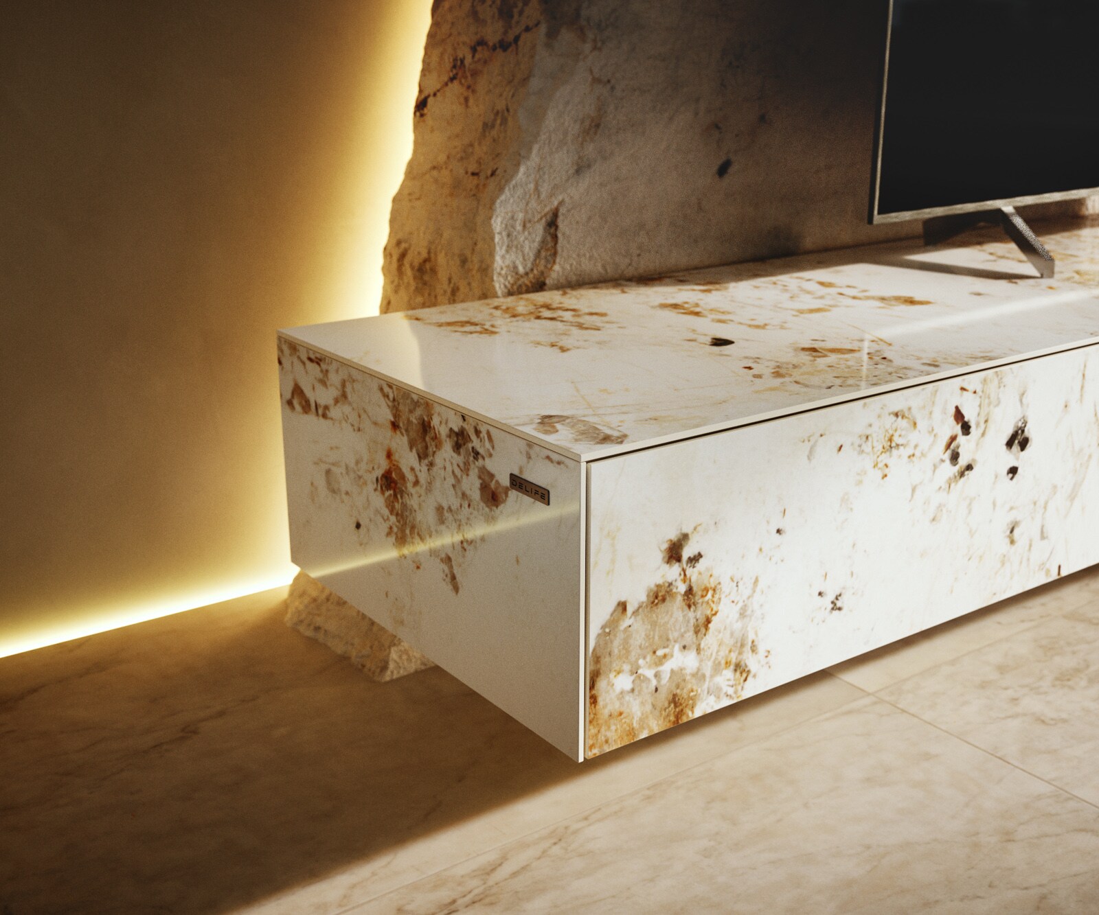 Нисък плот Cuor 200 см Керамика Minas Melange Бяло-бежово 1 клапа 1 чекмедже Основа Плаващ вид Неръждаема стомана 6