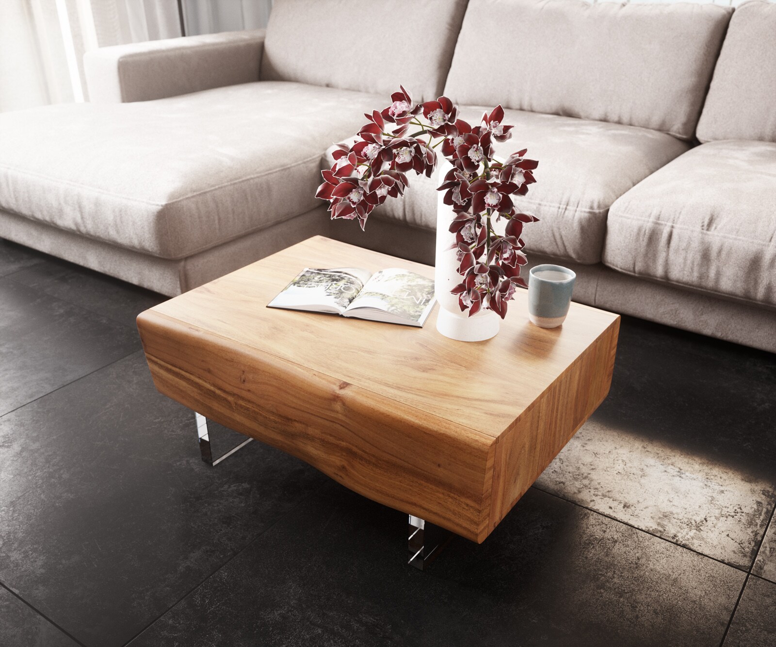 Масичка за кафе New Live-Edge акация естествена 80x60 cm 2 чекмеджета 5